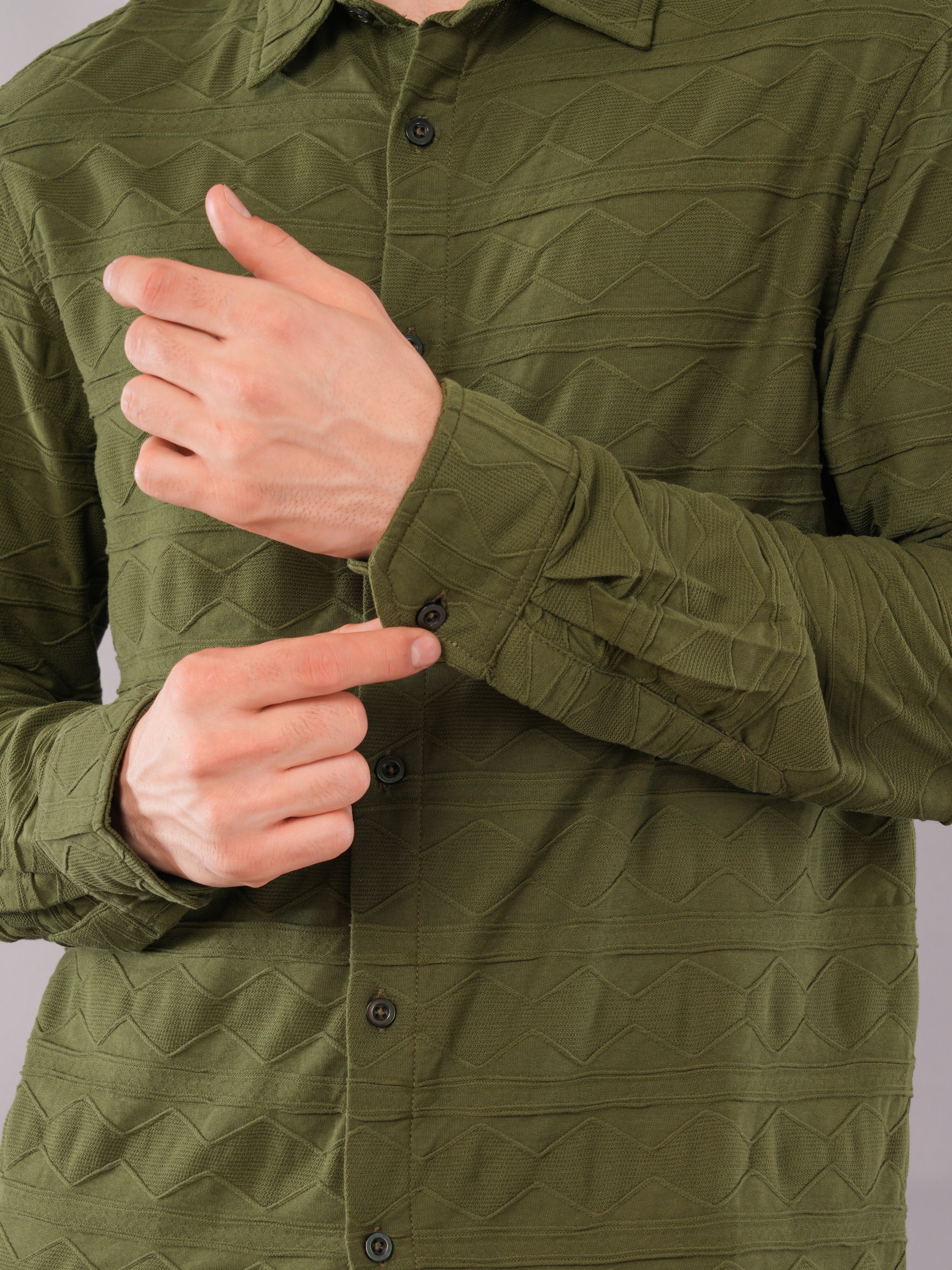 Olive Geometric-Texture Shirt