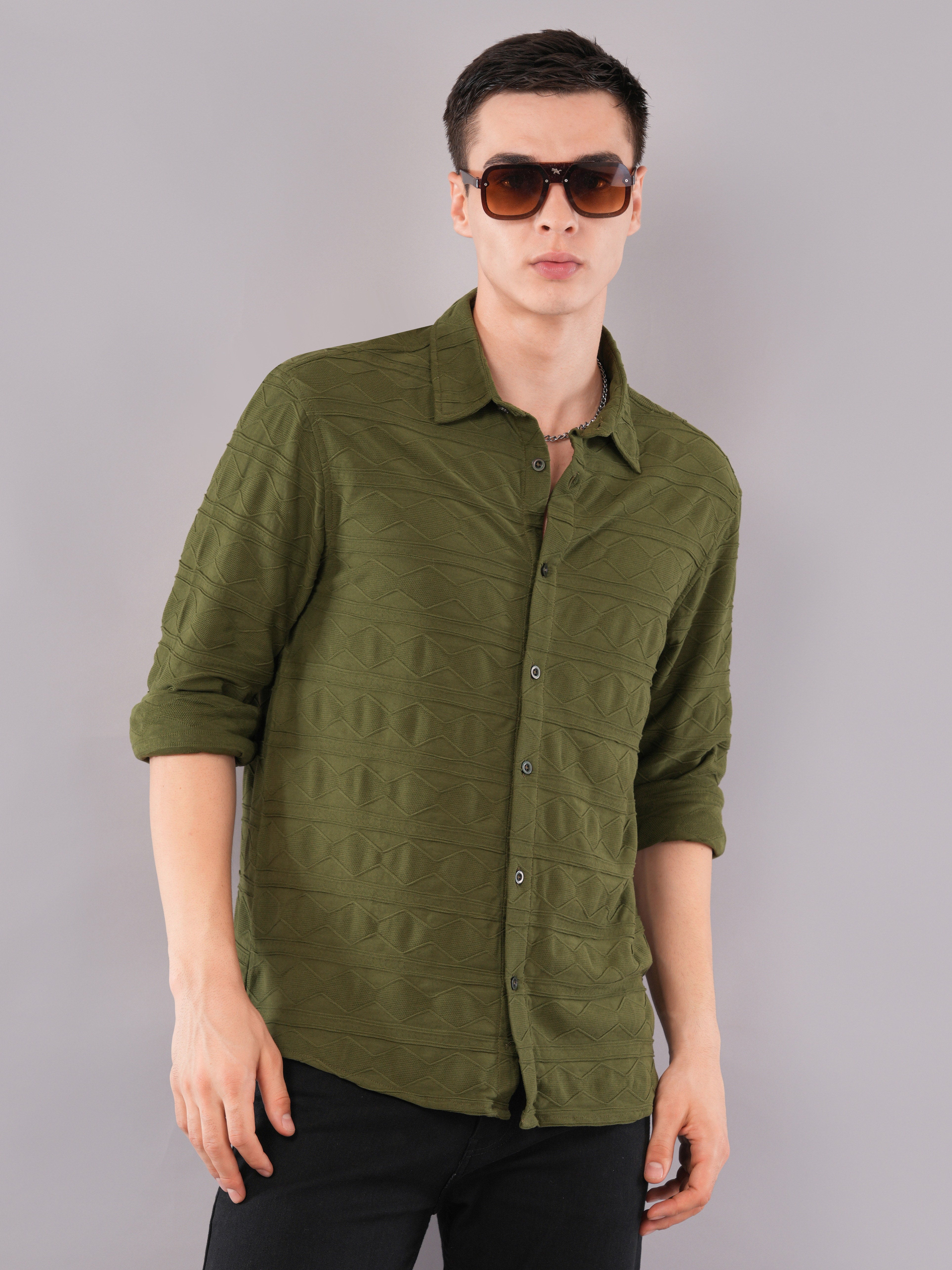 Olive Geometric-Texture Shirt