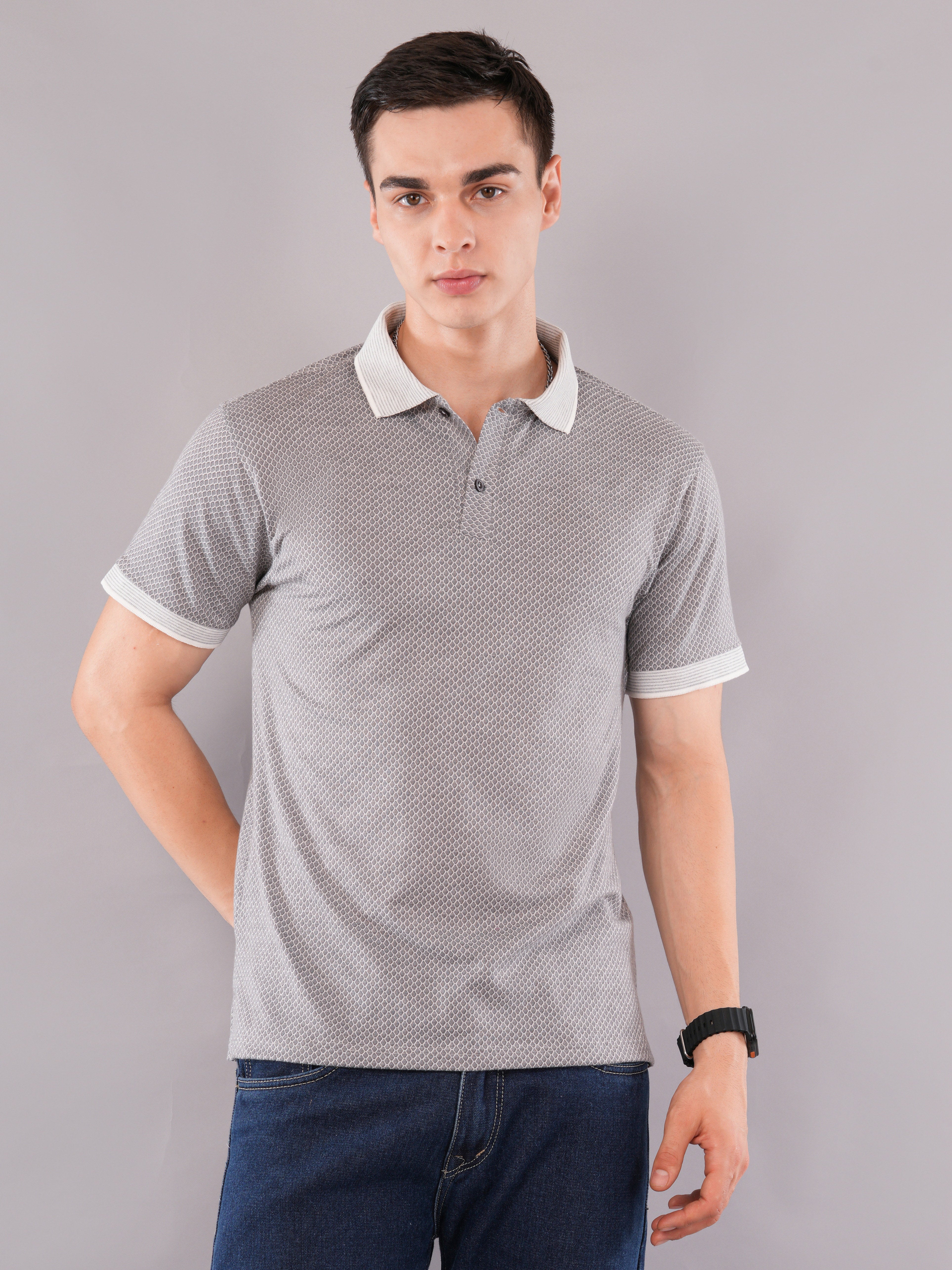Silver Grey Micro-Pattern Polo T-Shirt