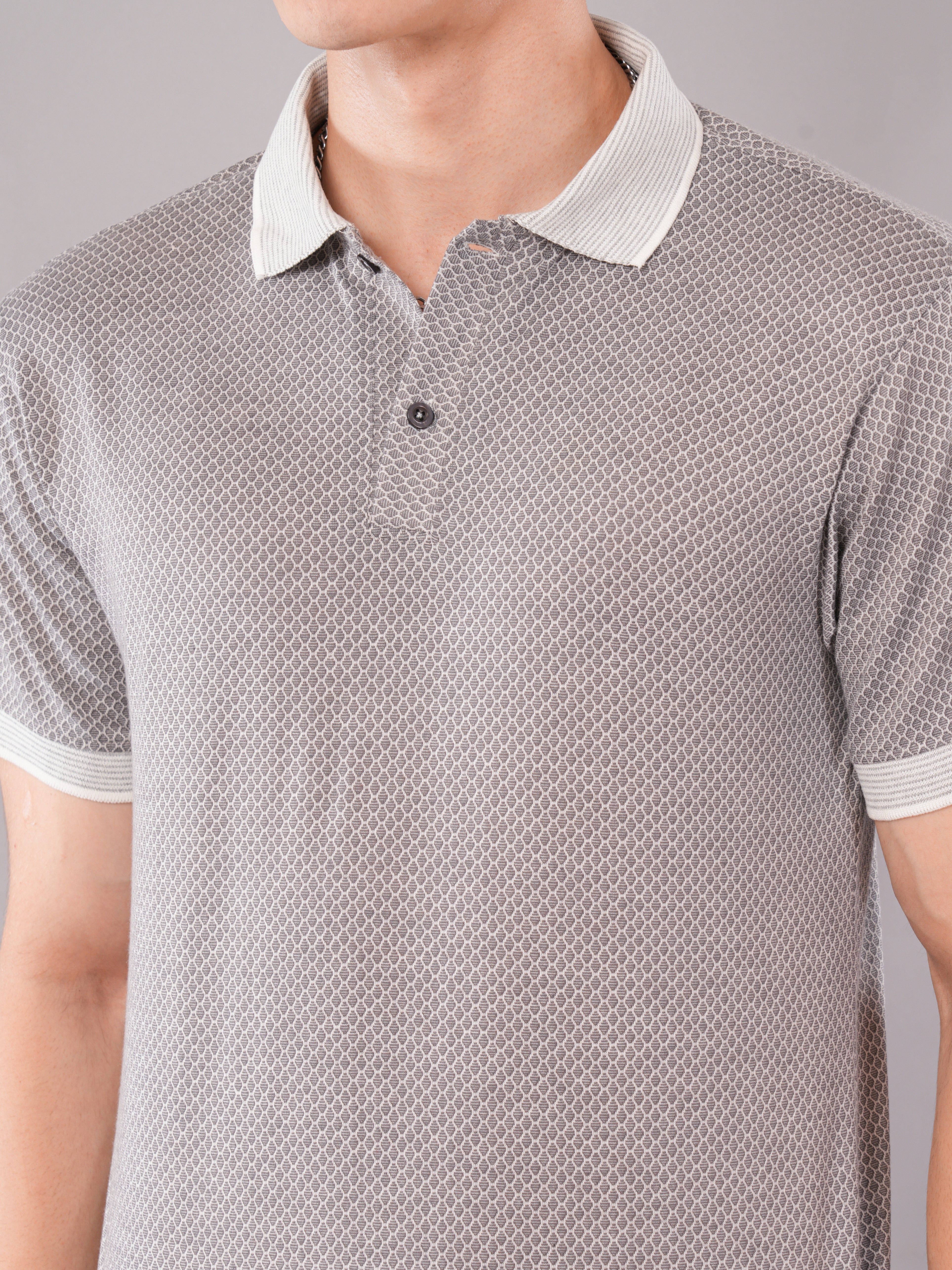 Silver Grey Micro-Pattern Polo T-Shirt