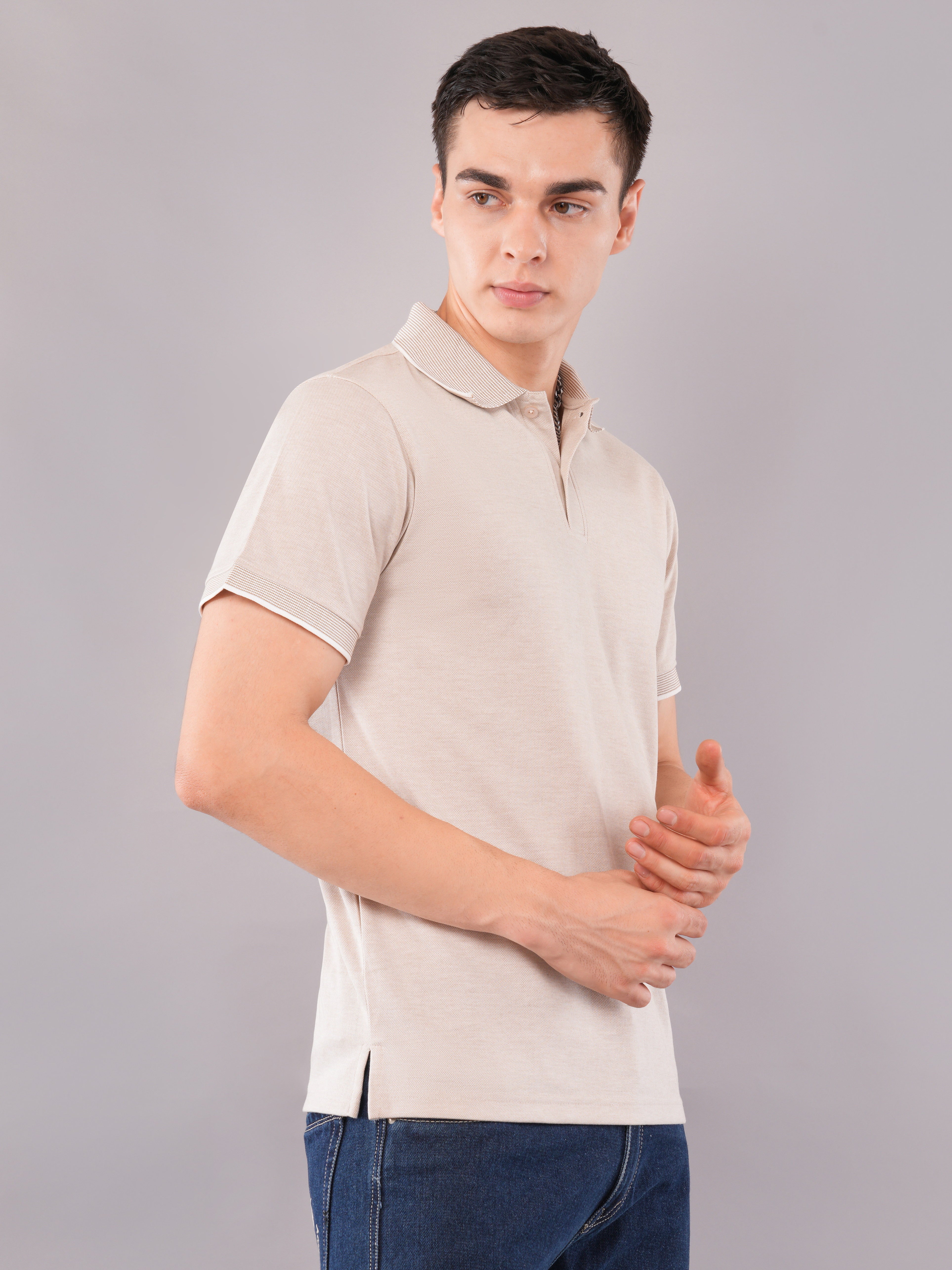Stone Beige Contrast-Tip Polo T-Shirt