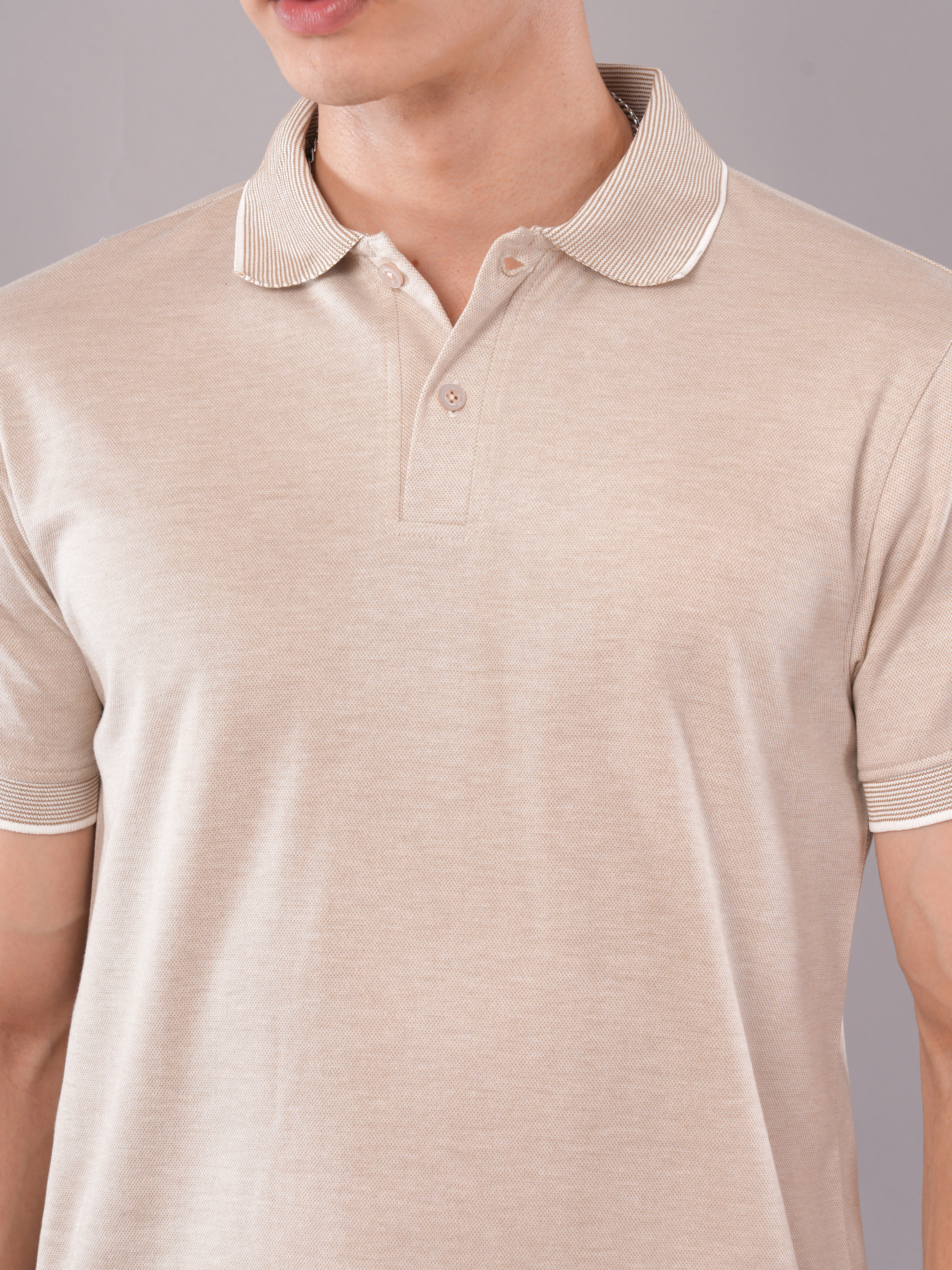 Stone Beige Contrast-Tip Polo T-Shirt