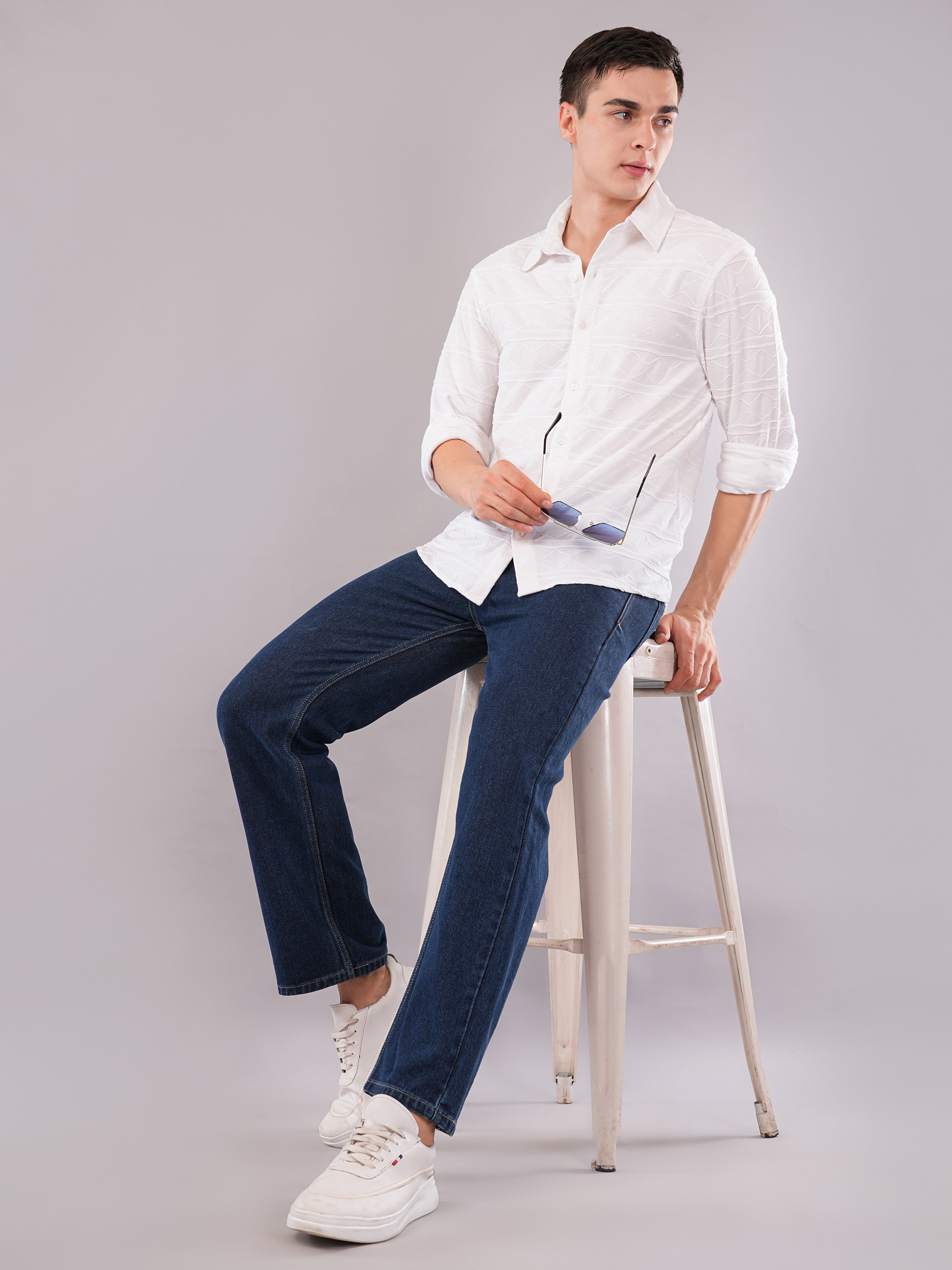 White Geometric Jacquard Shirt
