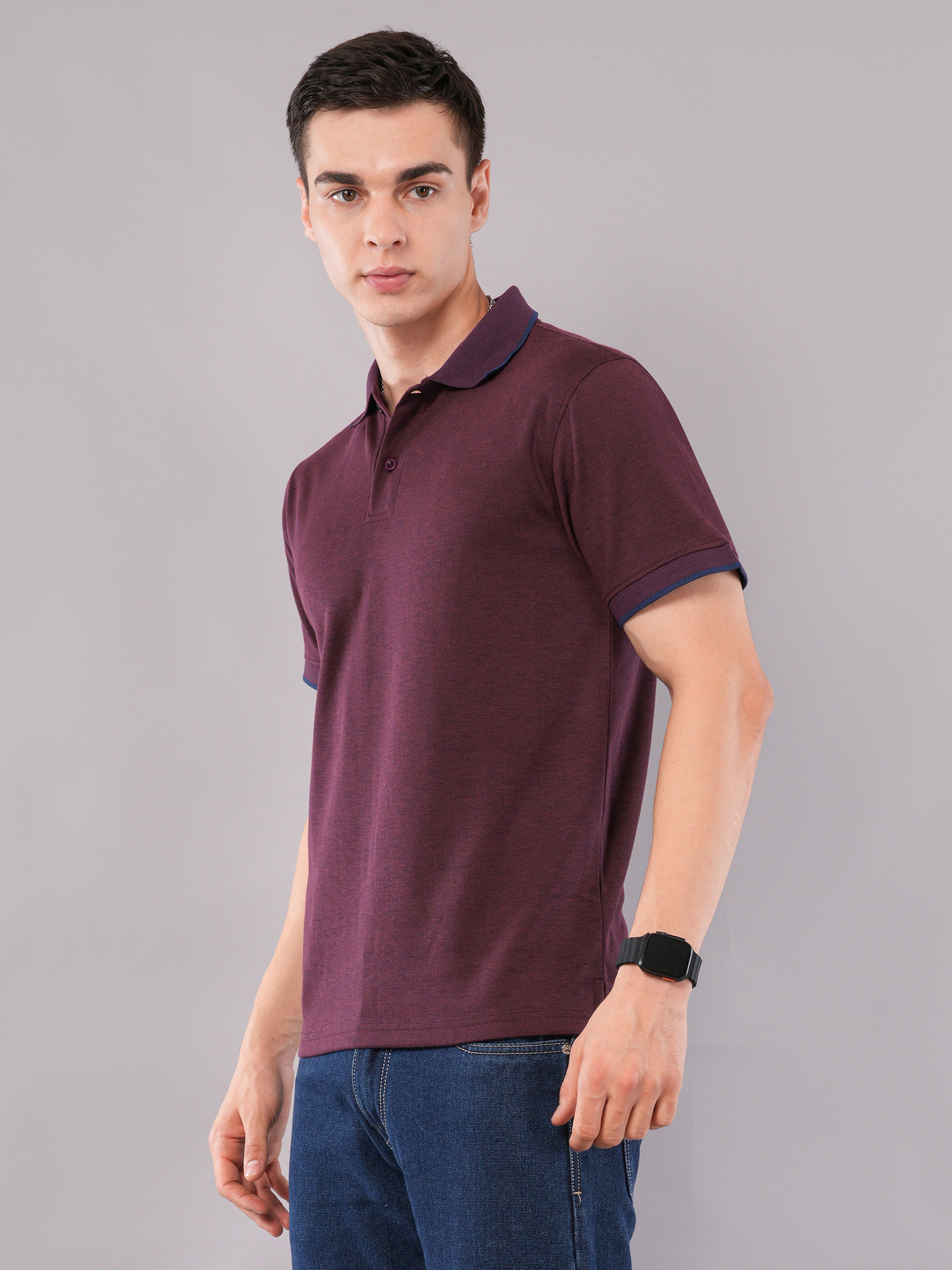 Wine Contrast-Tip Polo T-Shirt