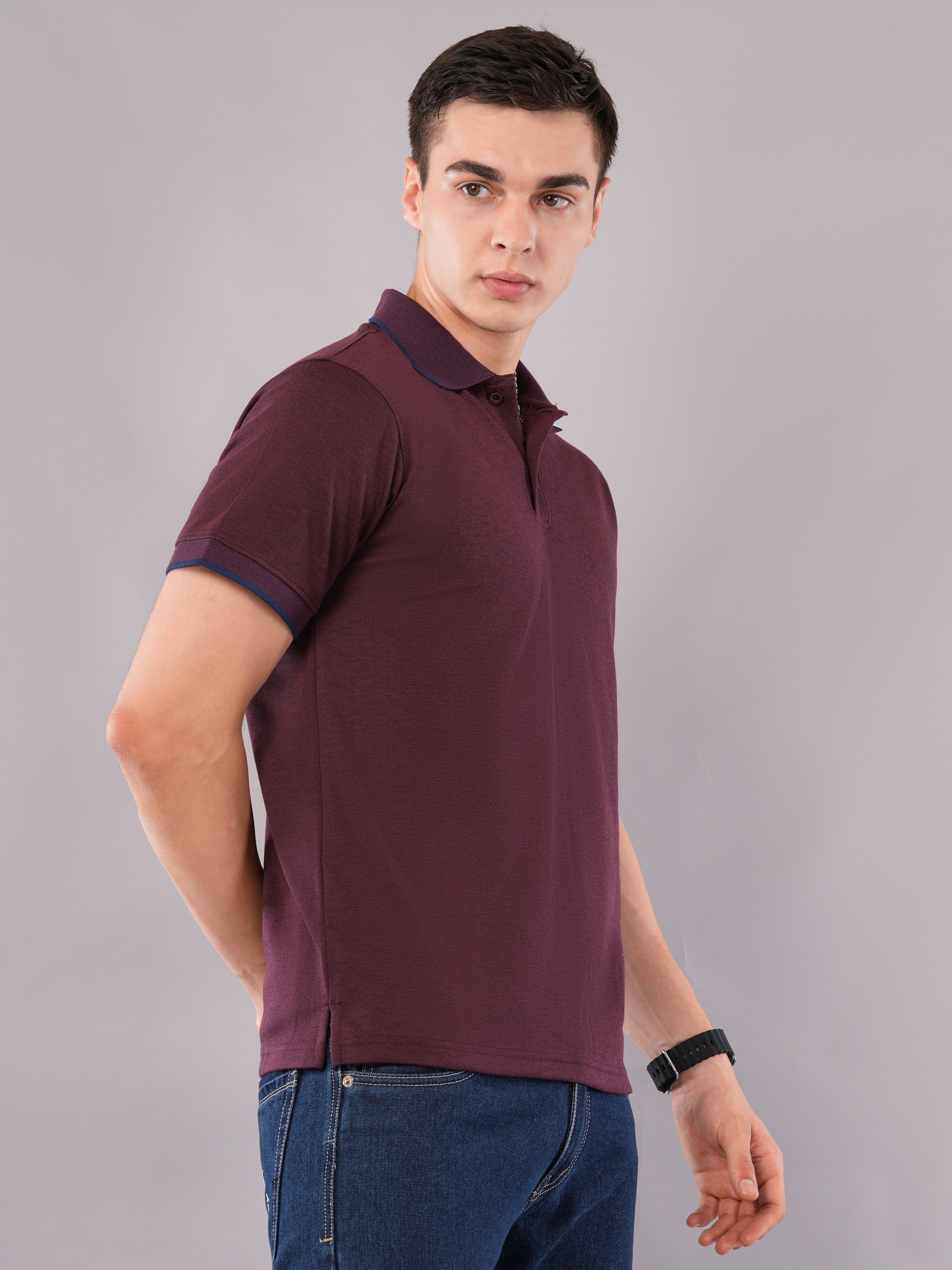 Wine Contrast-Tip Polo T-Shirt