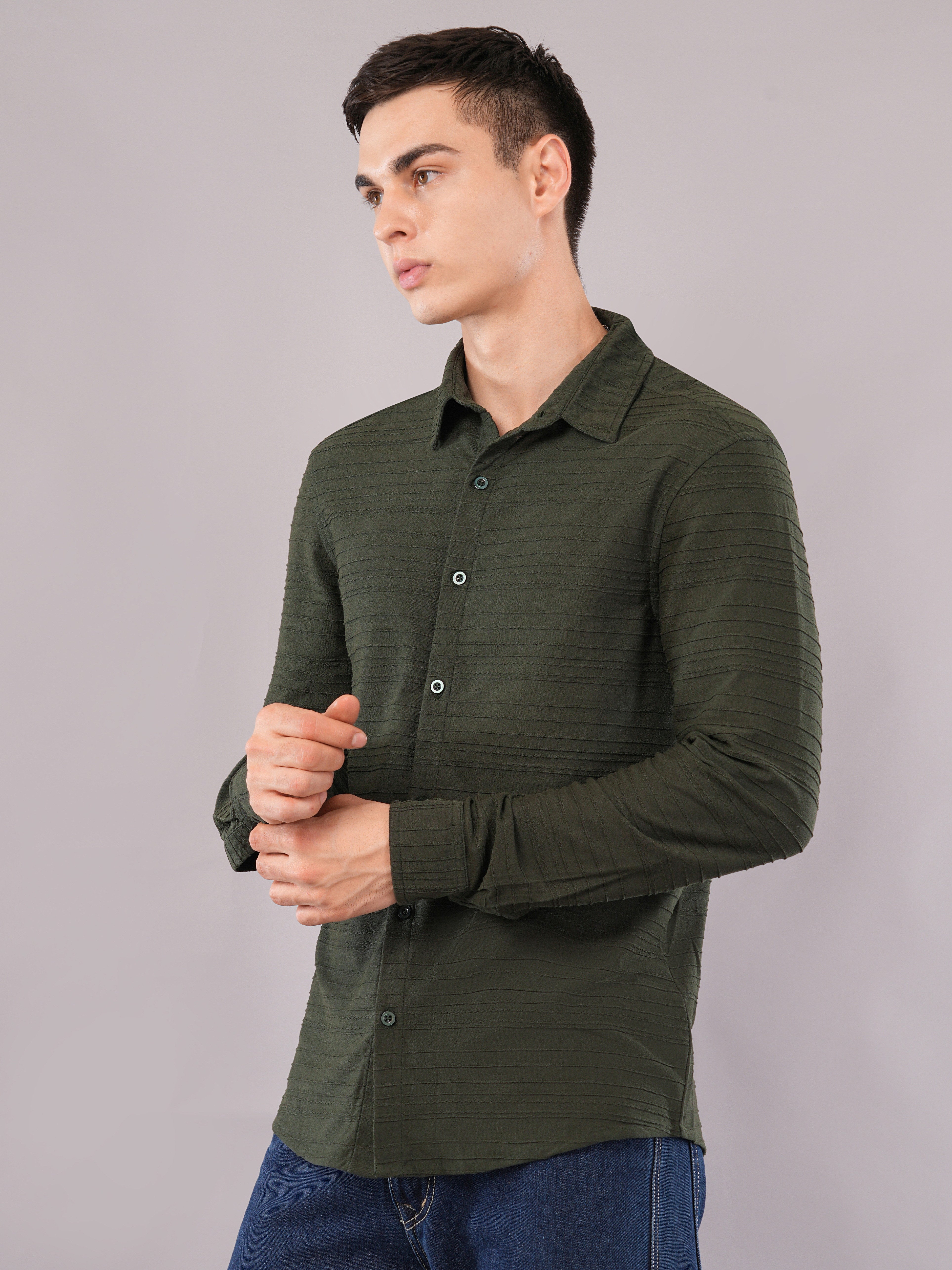 Deep Olive Tonal-Stripe Shirt