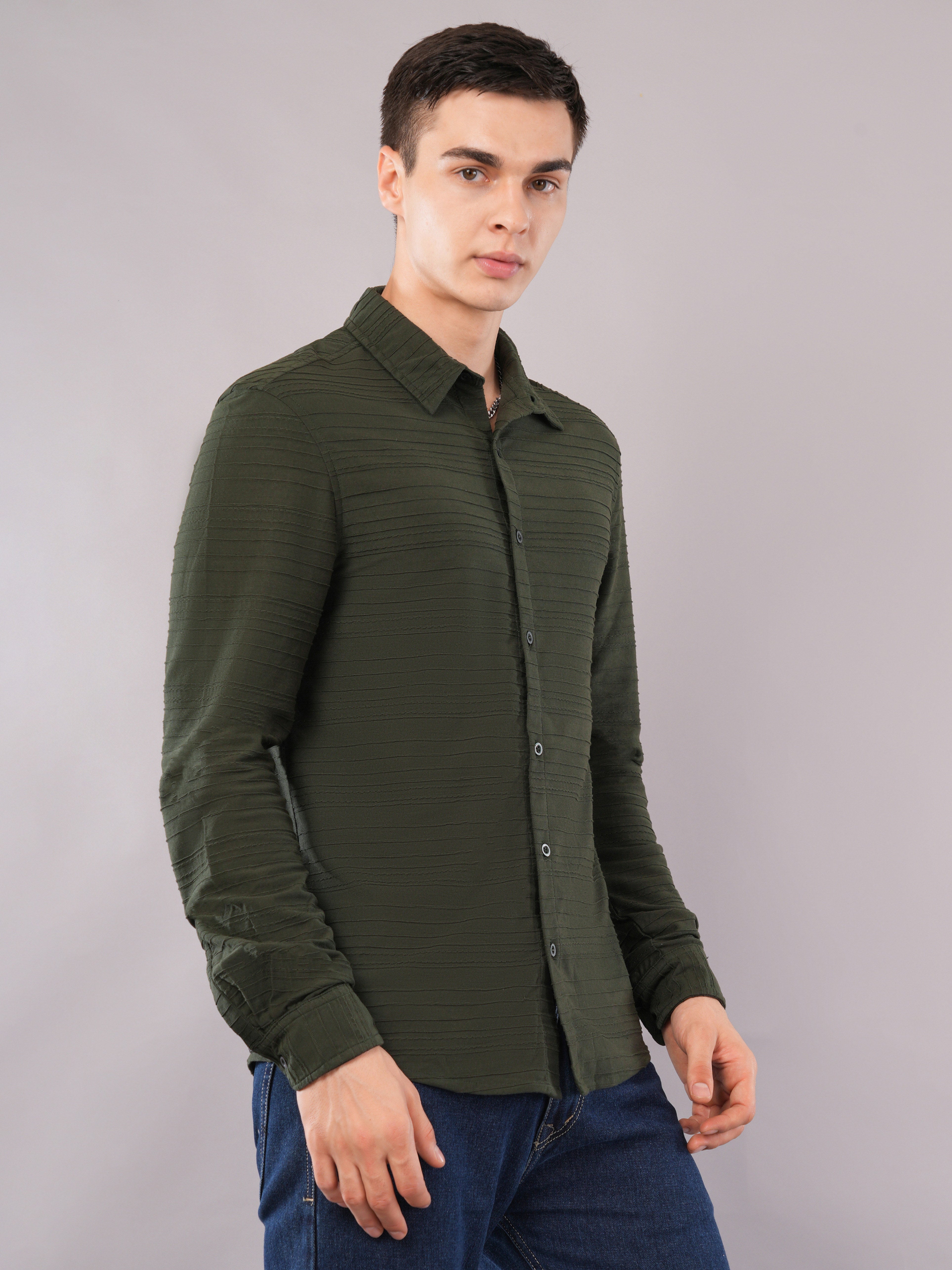 Deep Olive Tonal-Stripe Shirt