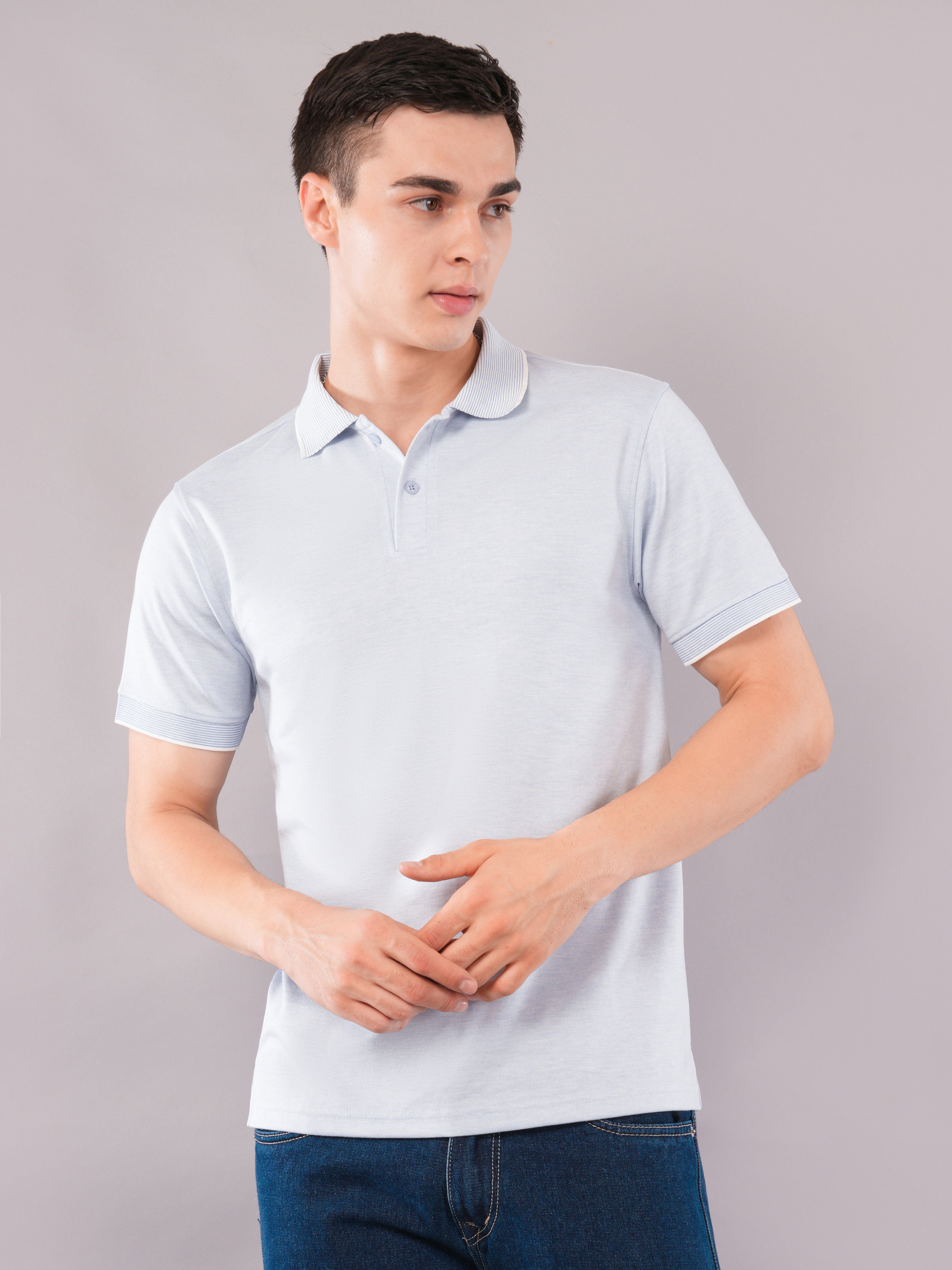 Ice Blue Contrast-Tip Polo T-Shirt