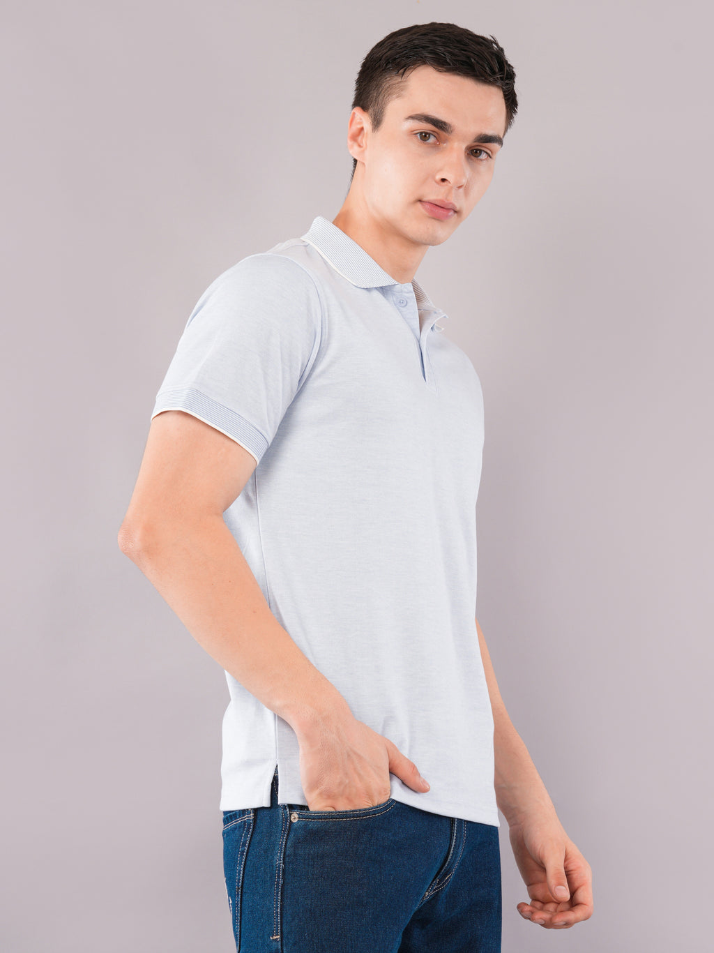 Ice Blue Contrast-Tip Polo T-Shirt