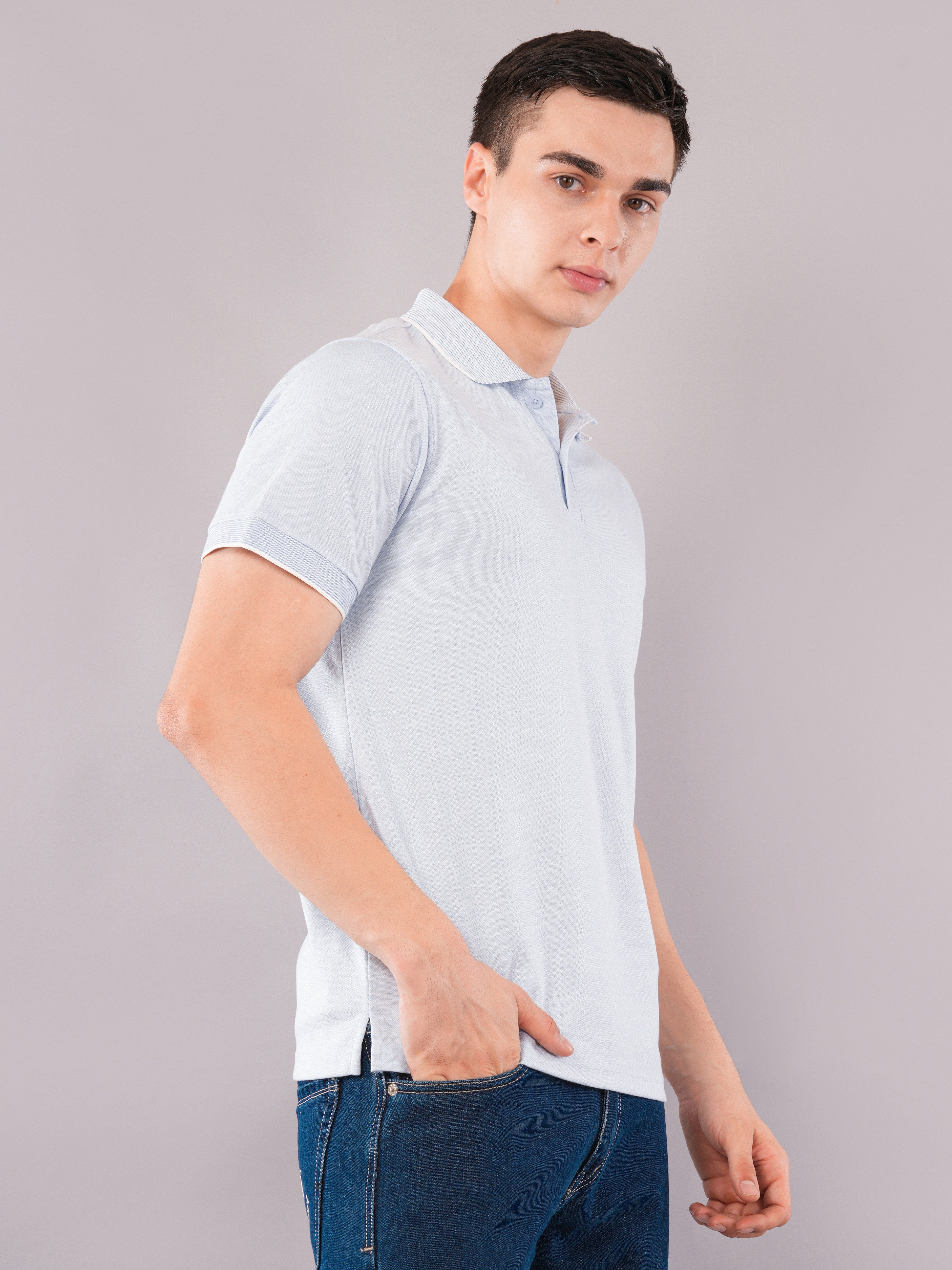 Ice Blue Contrast-Tip Polo T-Shirt