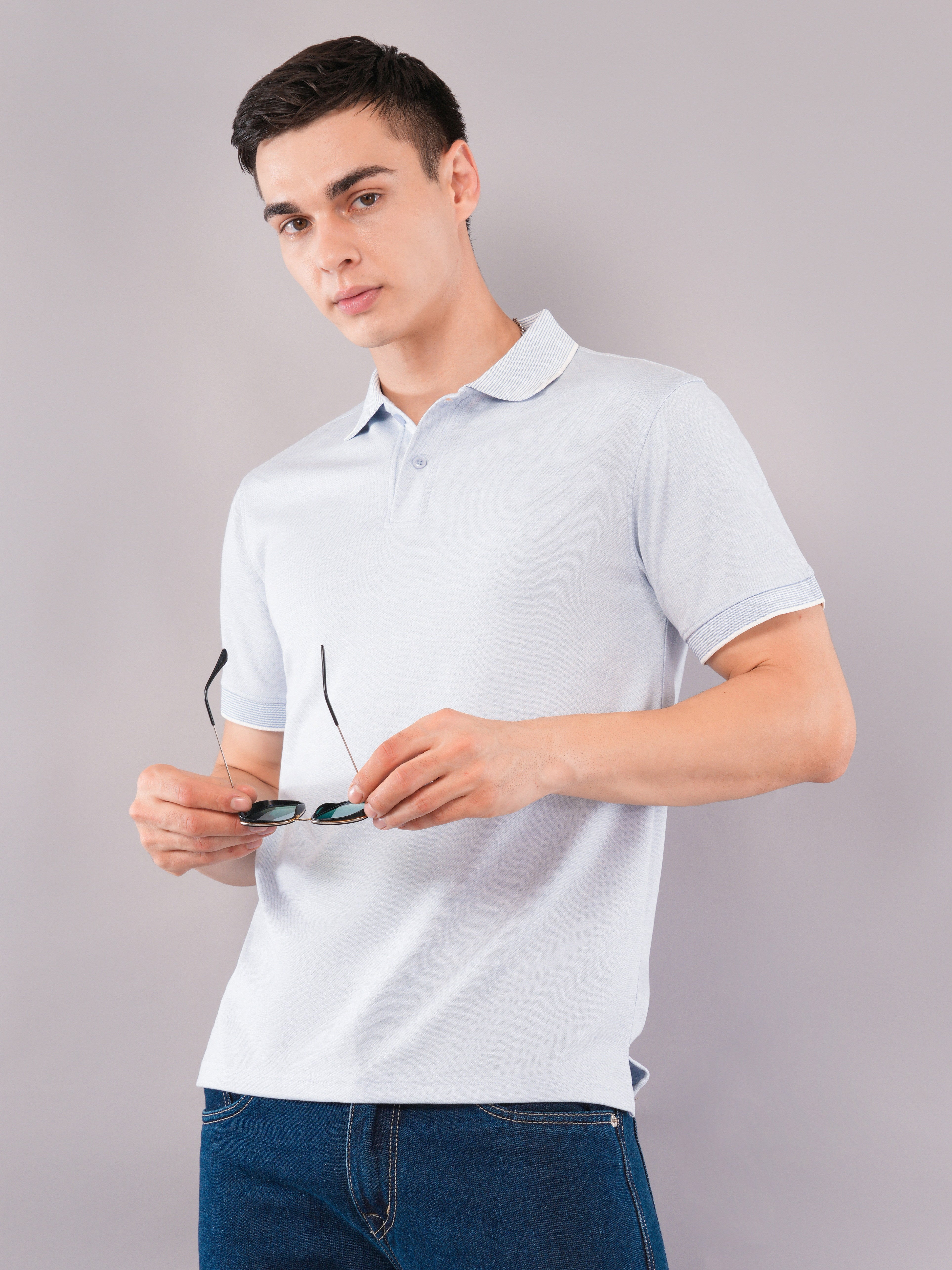 Ice Blue Contrast-Tip Polo T-Shirt