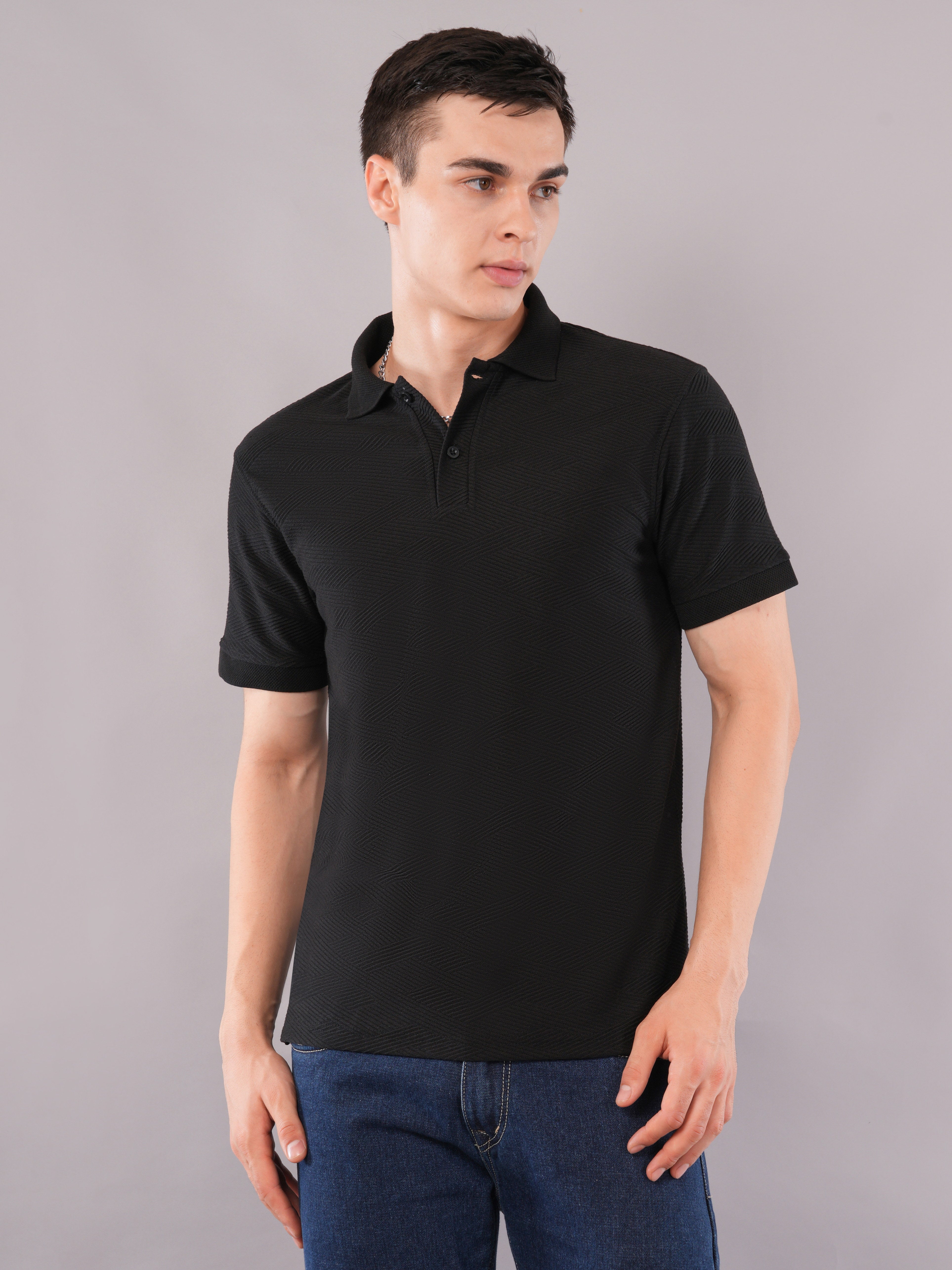 Jet Black Fine-Texture Polo T-Shirt