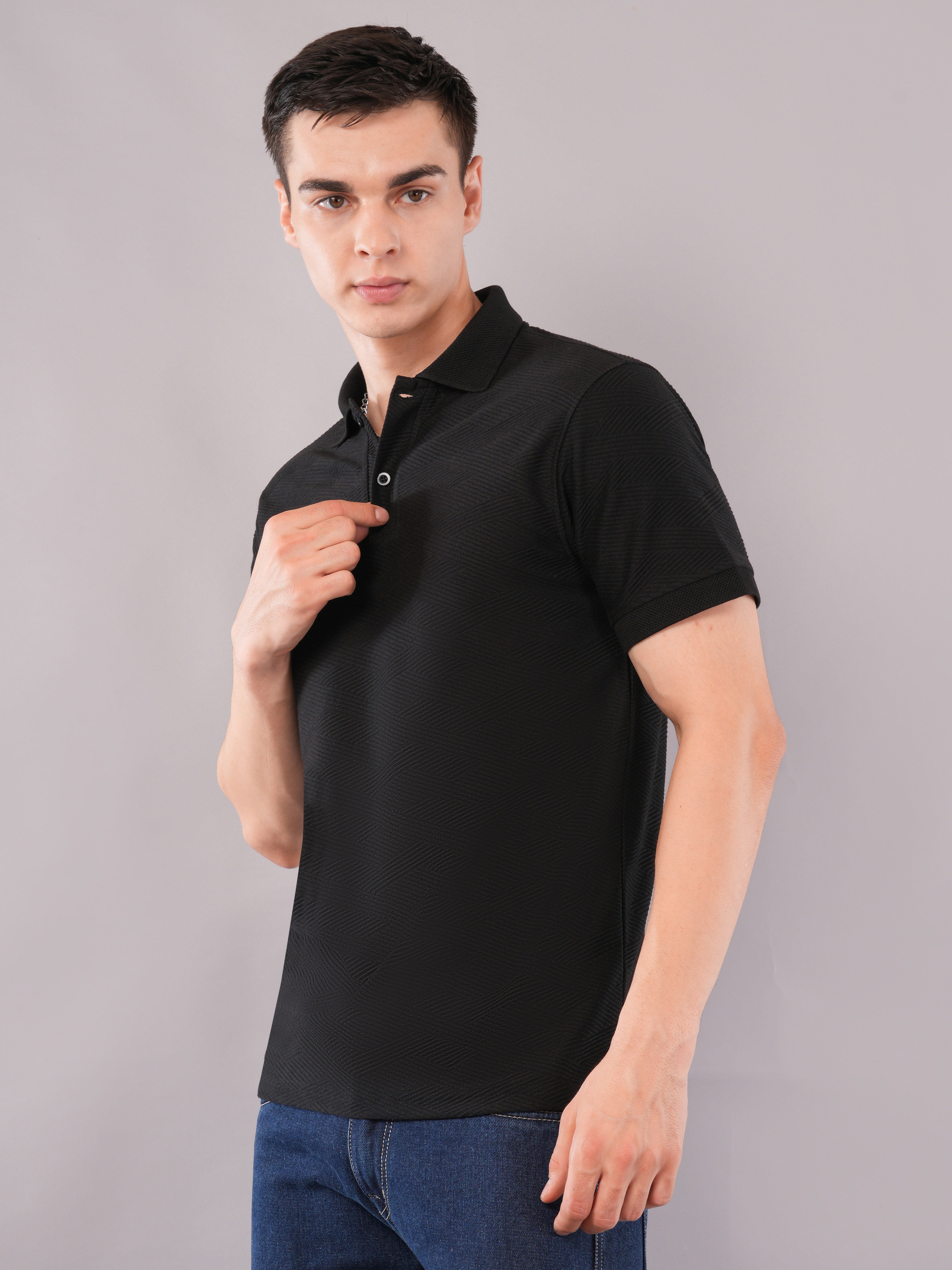 Jet Black Fine-Texture Polo T-Shirt