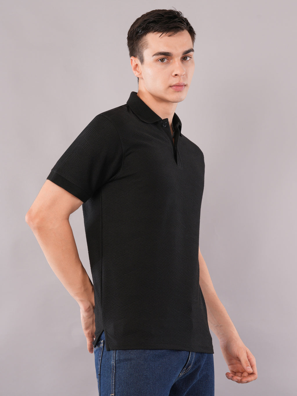Jet Black Fine-Texture Polo T-Shirt