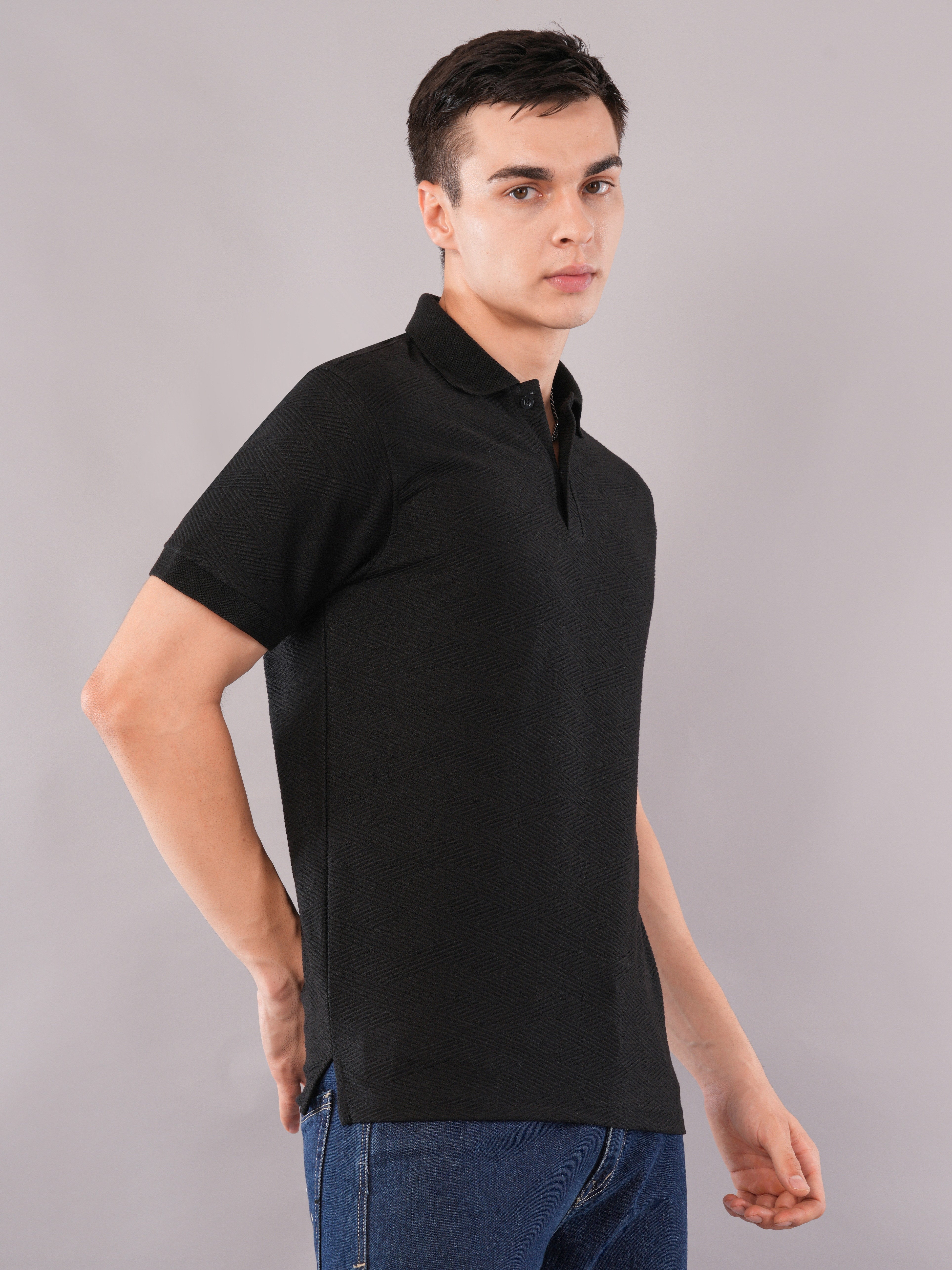 Jet Black Fine-Texture Polo T-Shirt