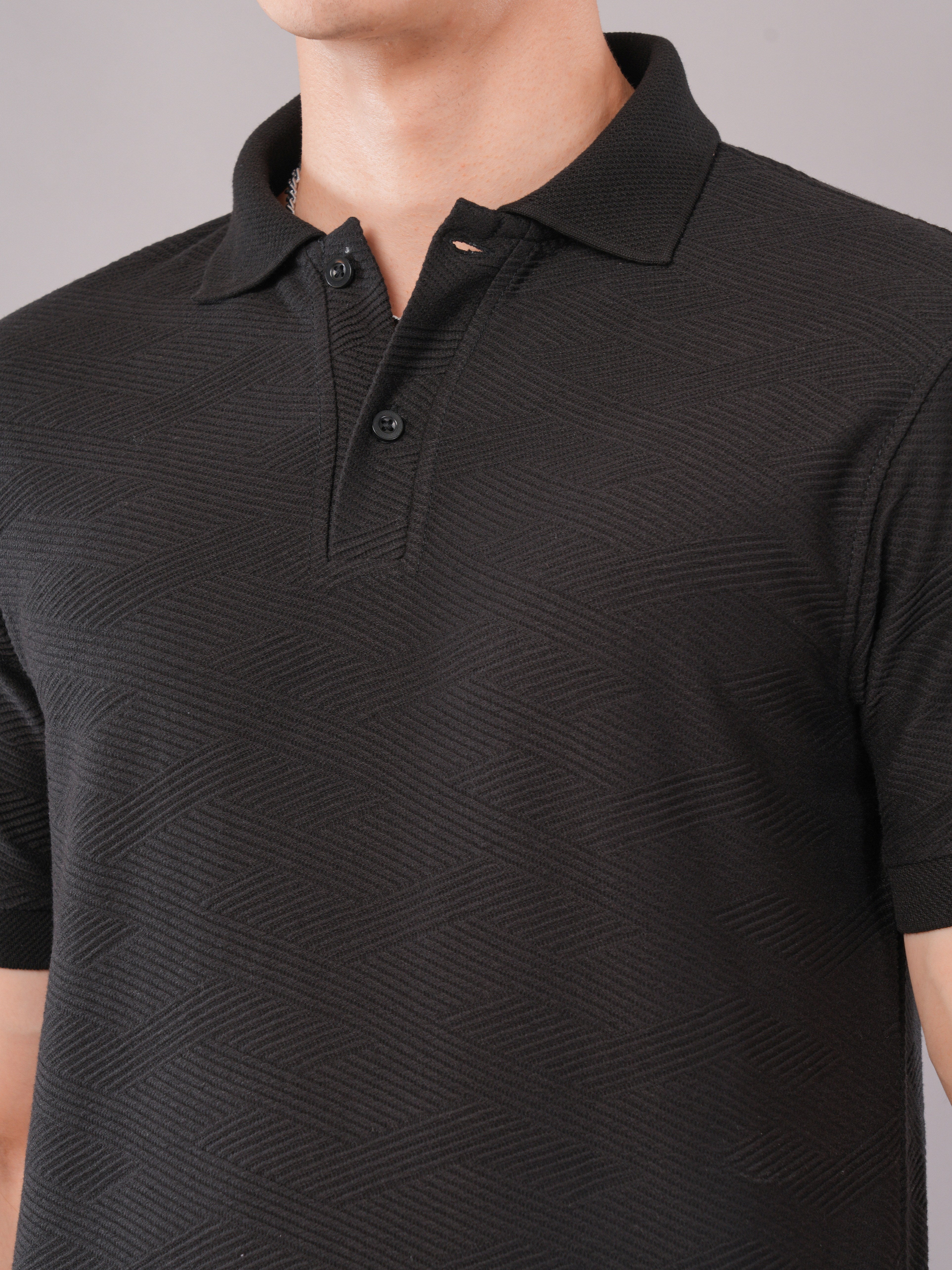 Jet Black Fine-Texture Polo T-Shirt