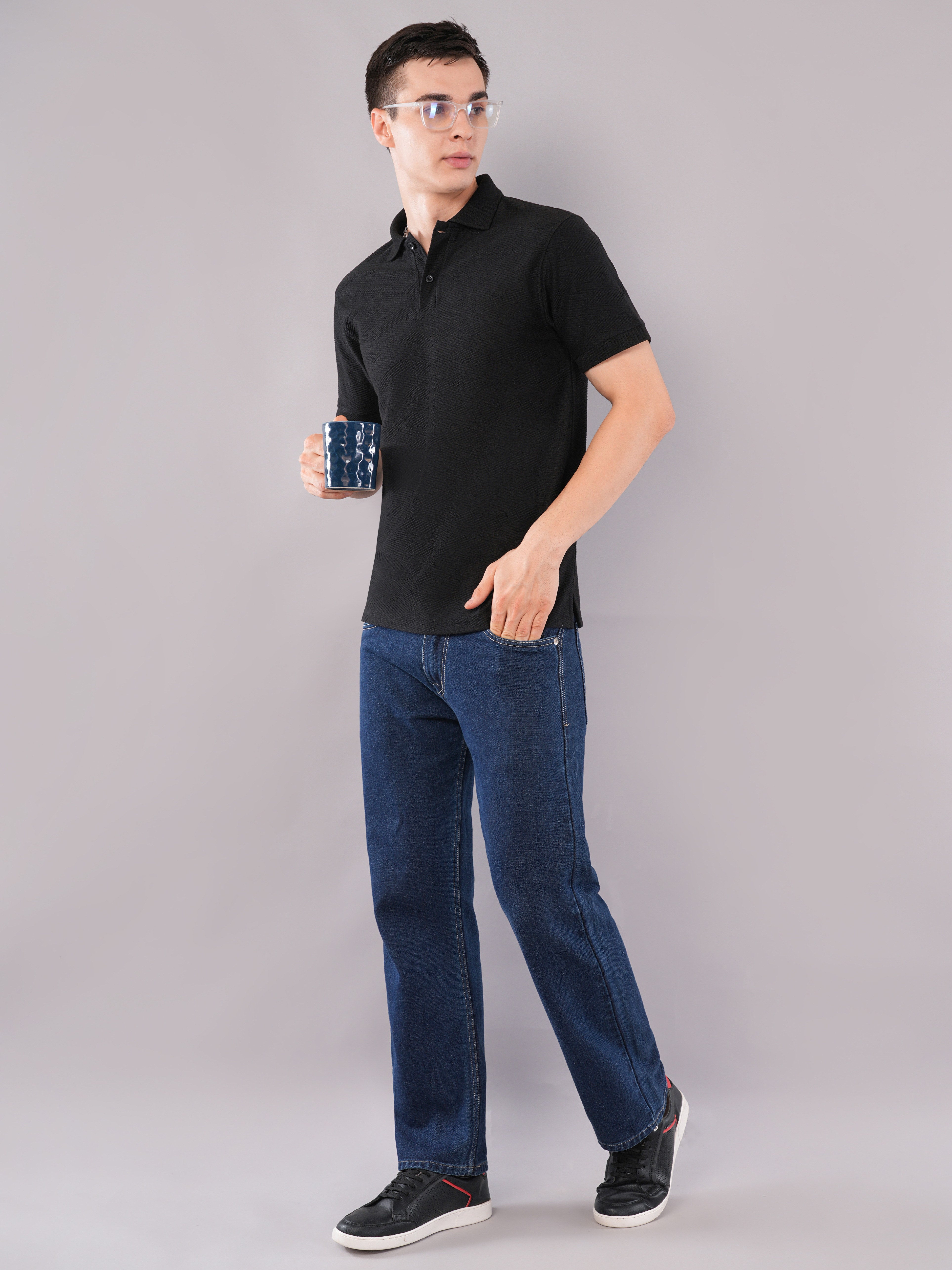 Jet Black Fine-Texture Polo T-Shirt