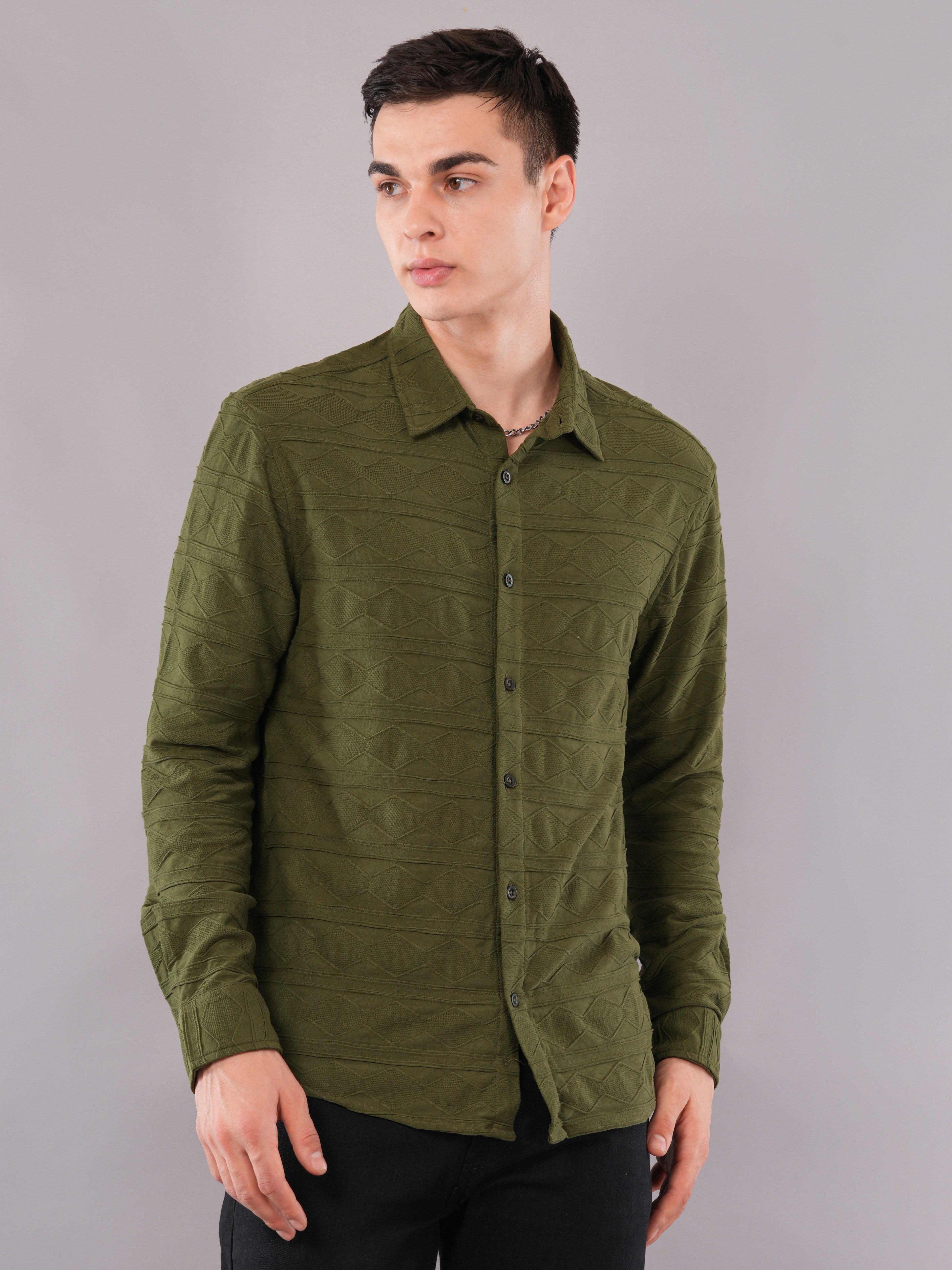 Olive Geometric-Texture Shirt