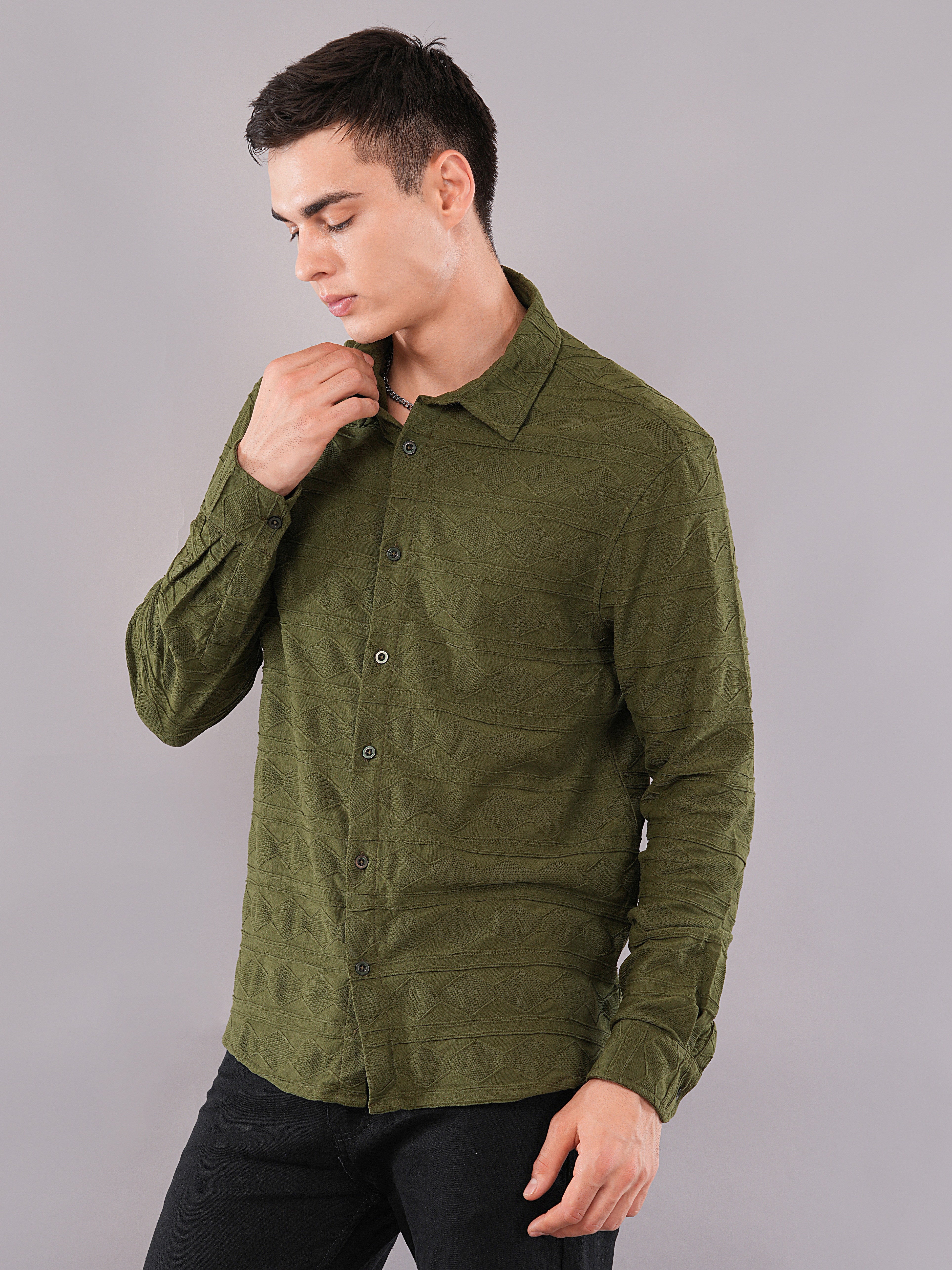 Olive Geometric-Texture Shirt
