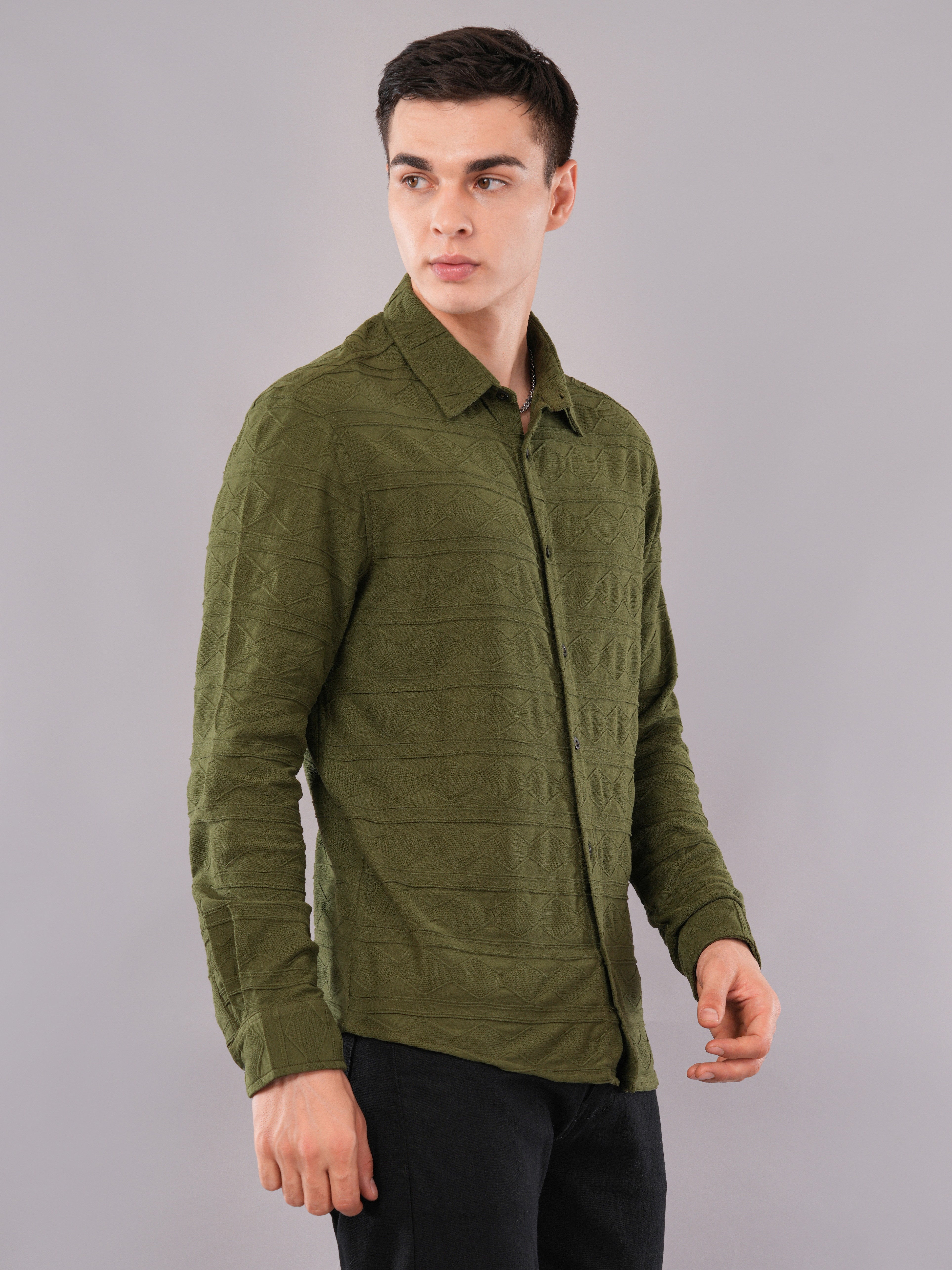 Olive Geometric-Texture Shirt