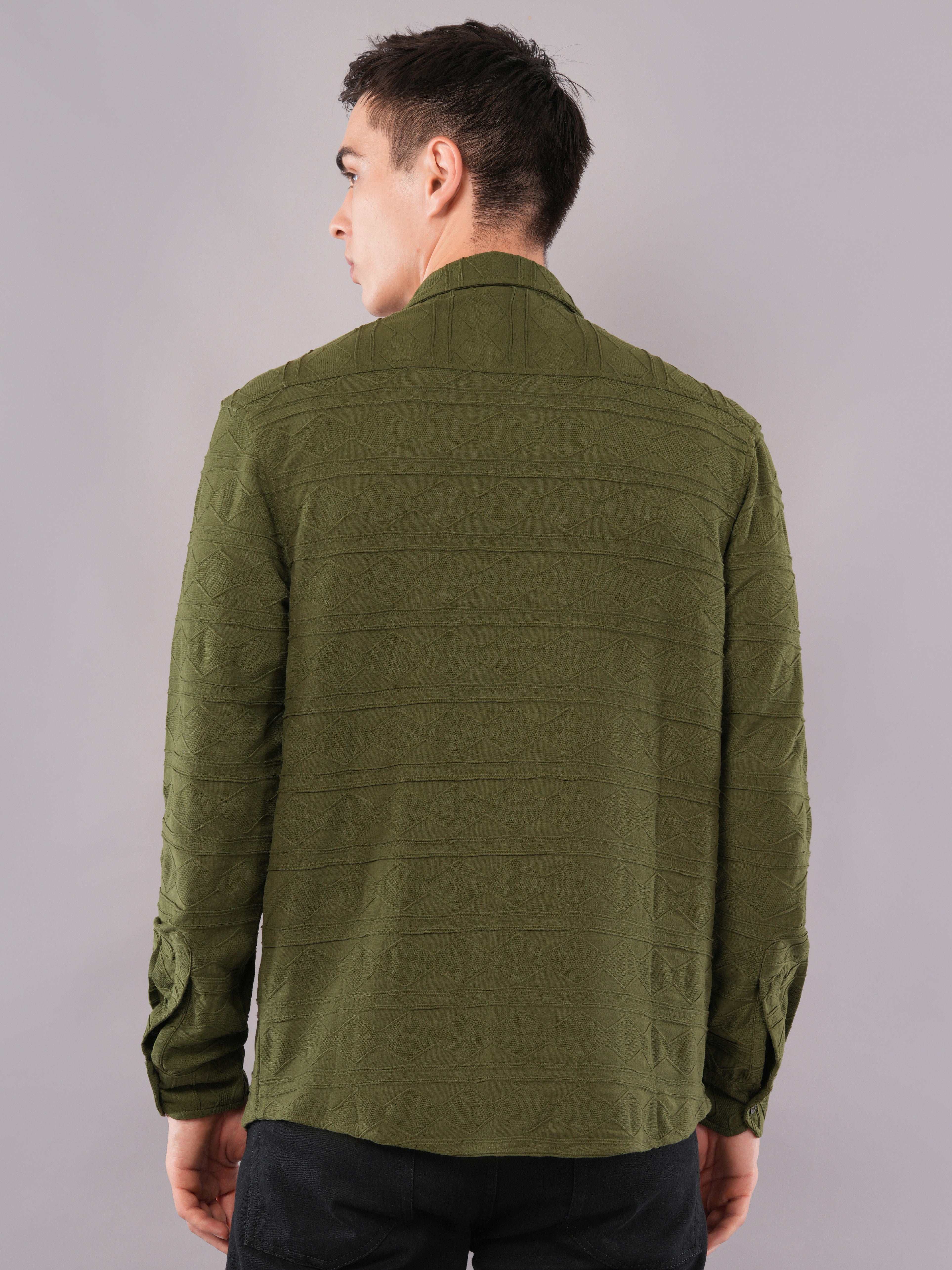 Olive Geometric-Texture Shirt