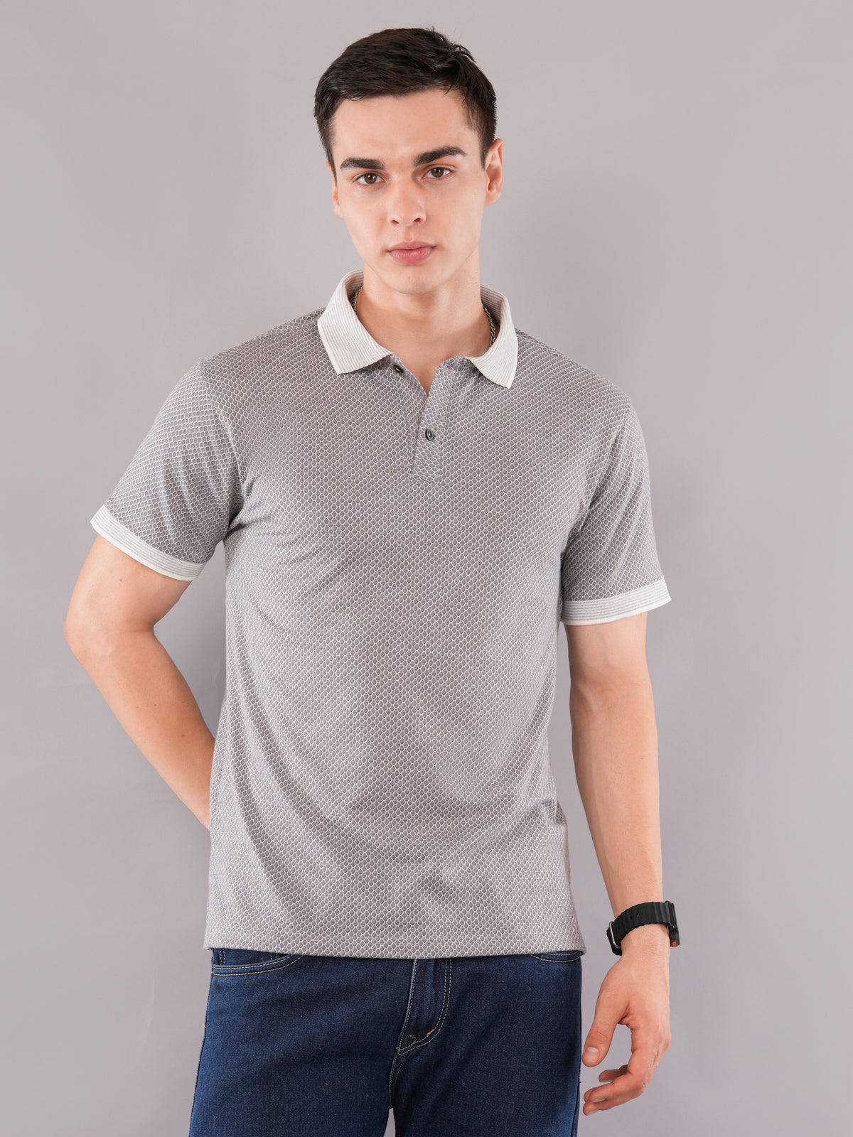 Silver Grey Micro-Pattern Polo T-Shirt