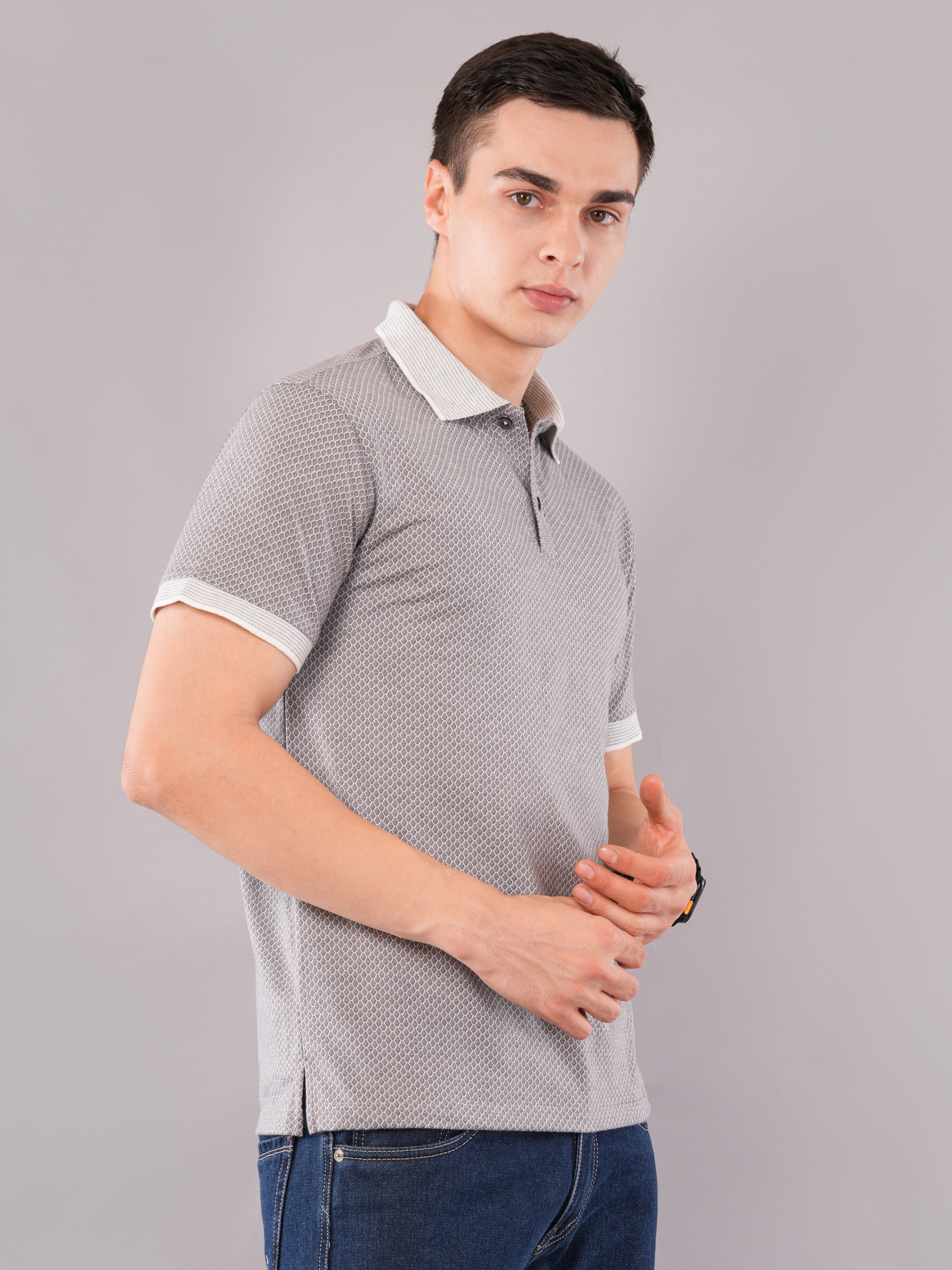 Silver Grey Micro-Pattern Polo T-Shirt