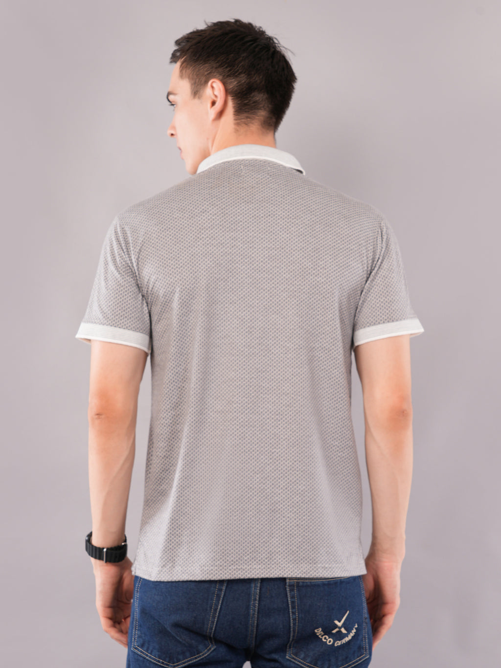 Silver Grey Micro-Pattern Polo T-Shirt