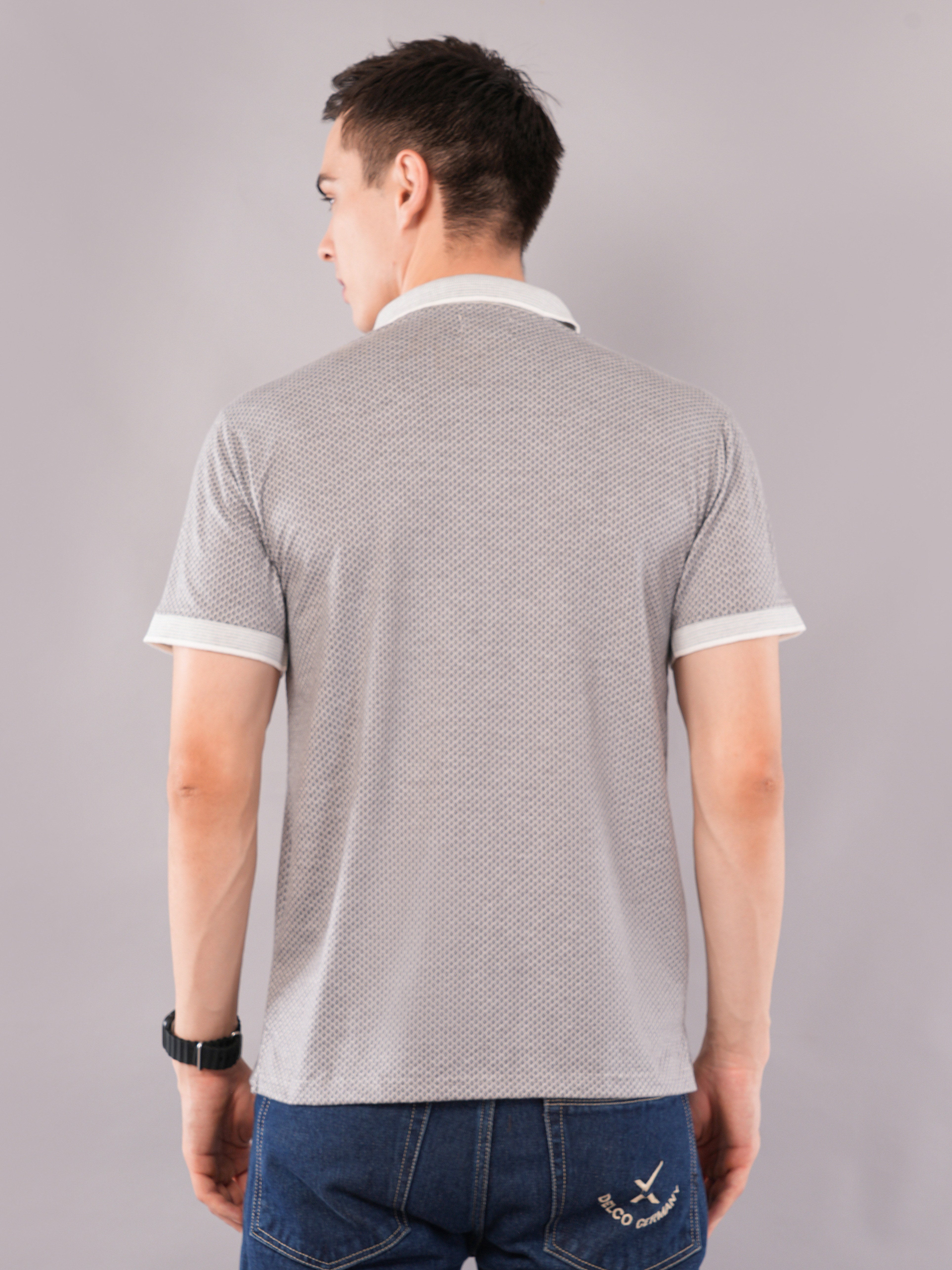 Silver Grey Micro-Pattern Polo T-Shirt