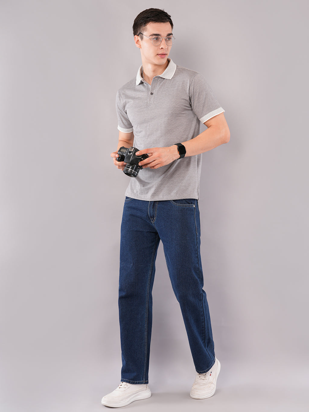 Silver Grey Micro-Pattern Polo T-Shirt