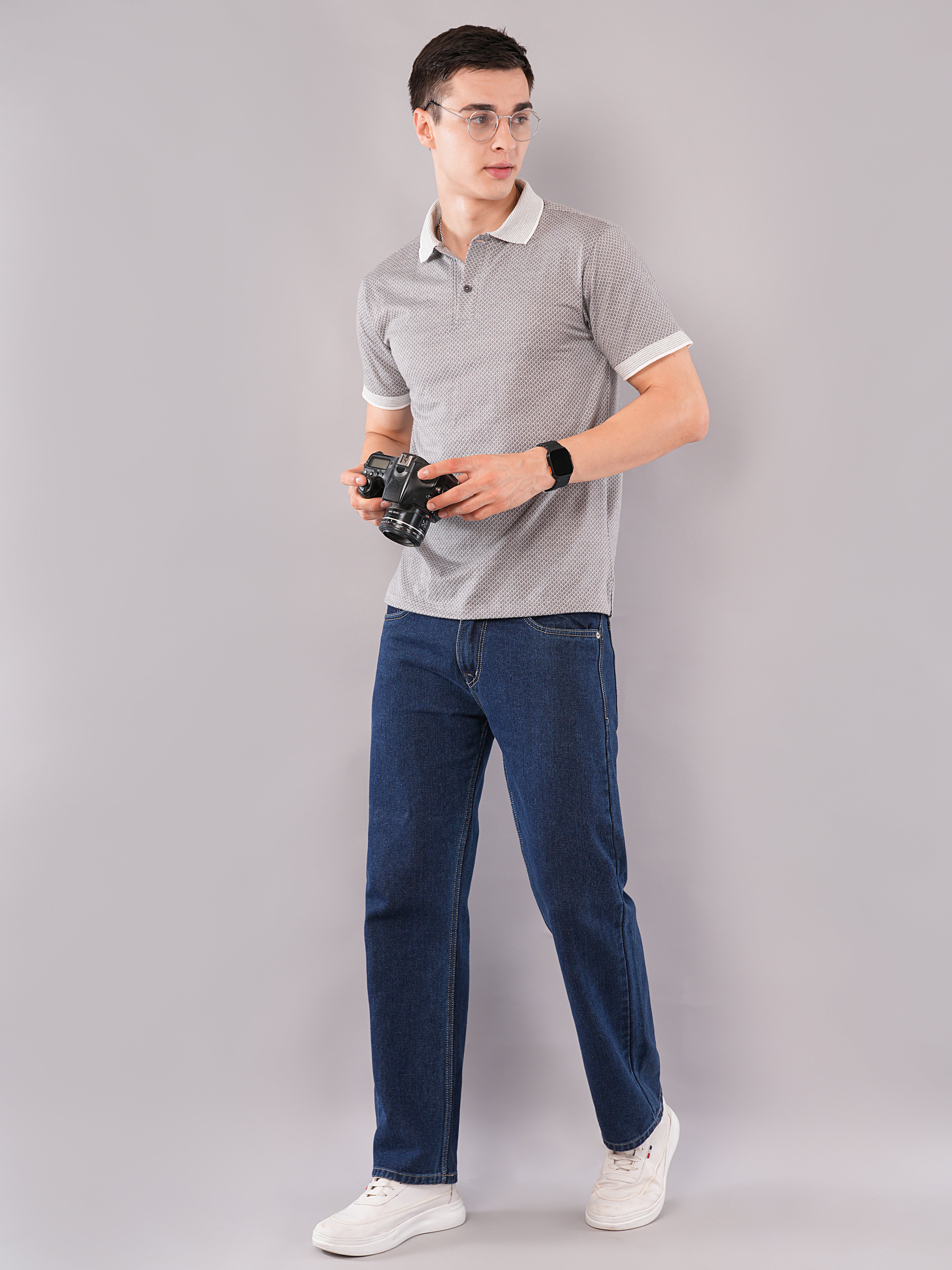 Silver Grey Micro-Pattern Polo T-Shirt