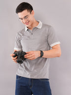 Silver Grey Micro-Pattern Polo T-Shirt
