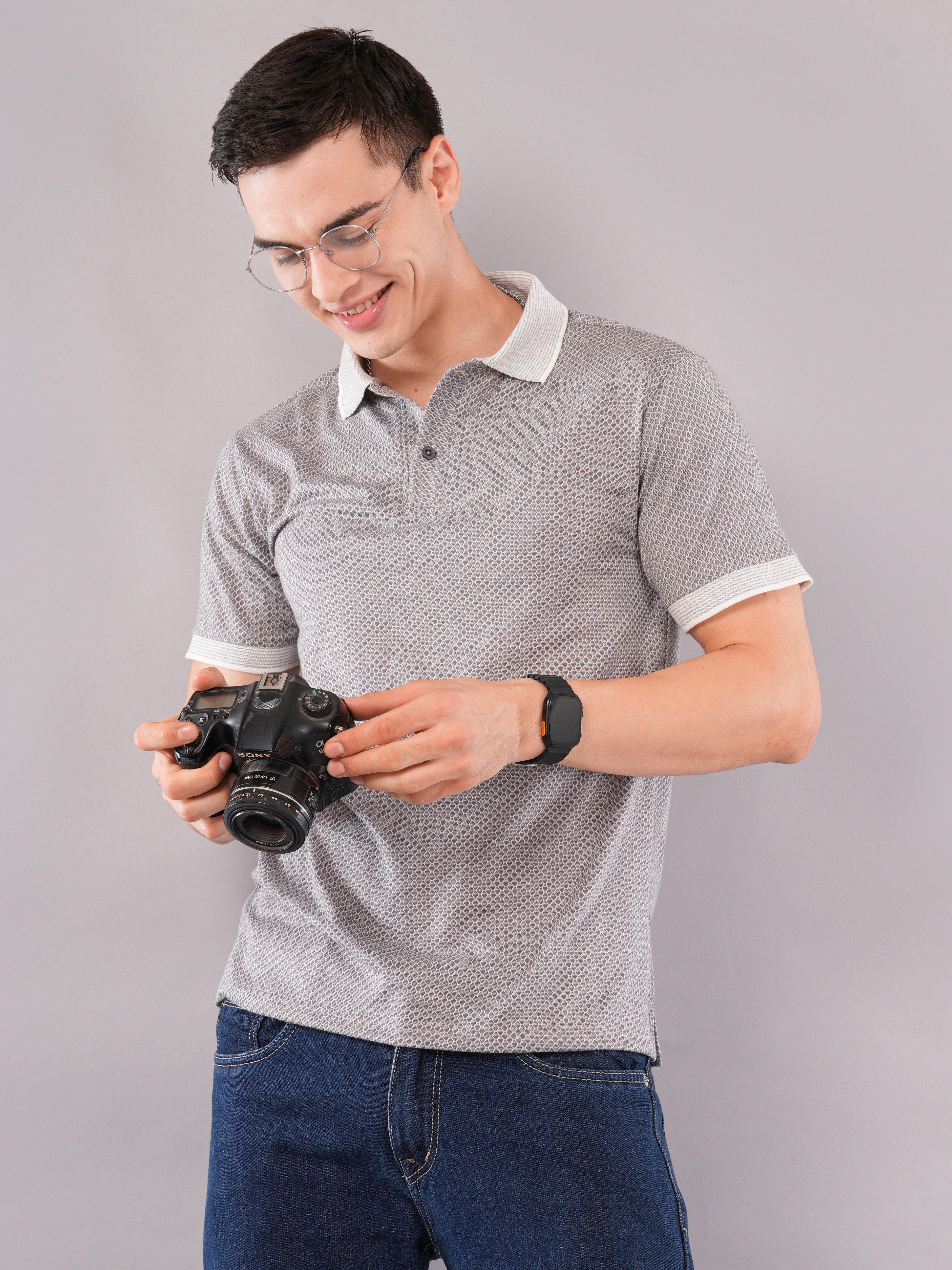 Silver Grey Micro-Pattern Polo T-Shirt