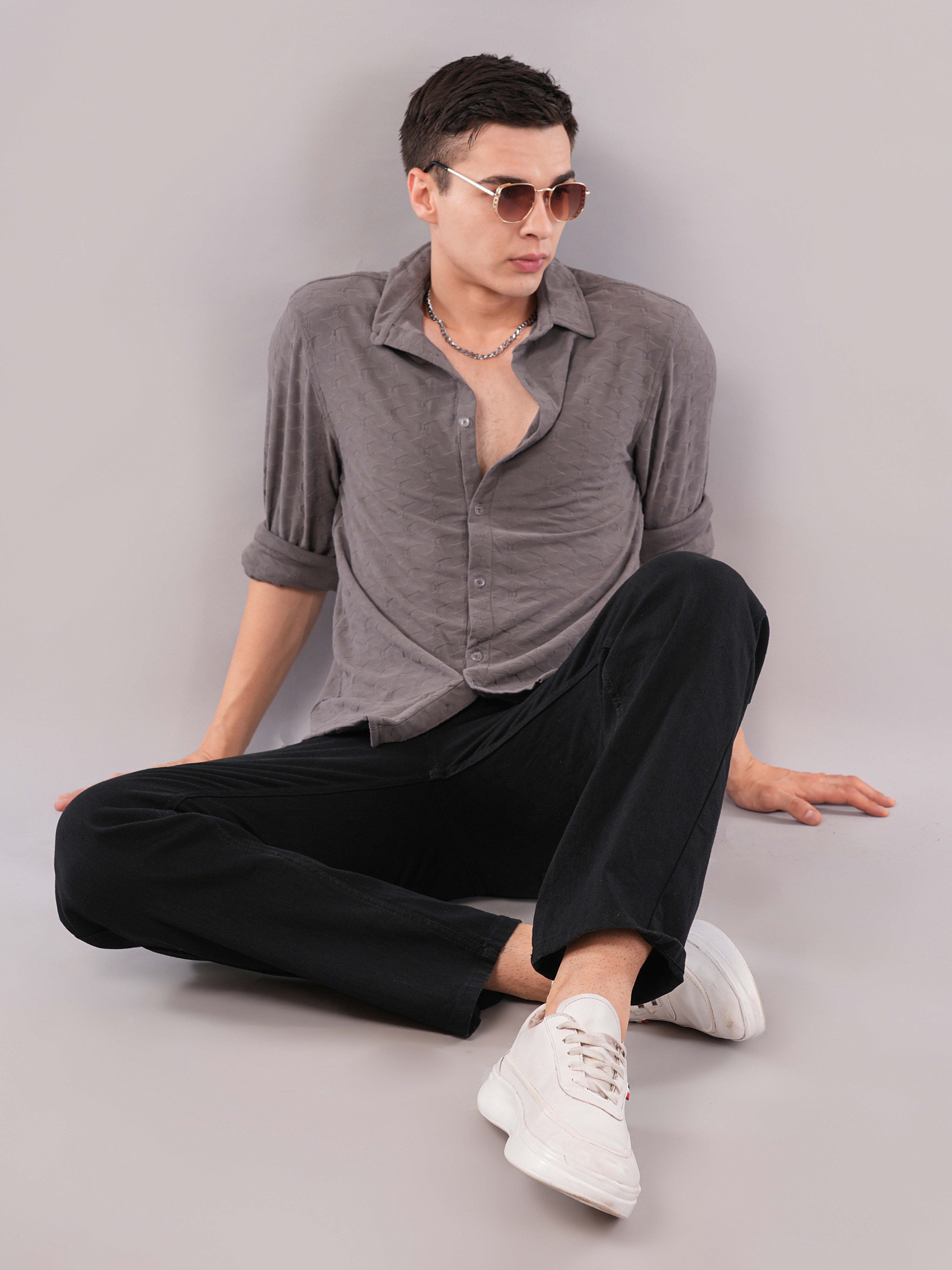 Slate Grey Crinkle-Texture Shirt