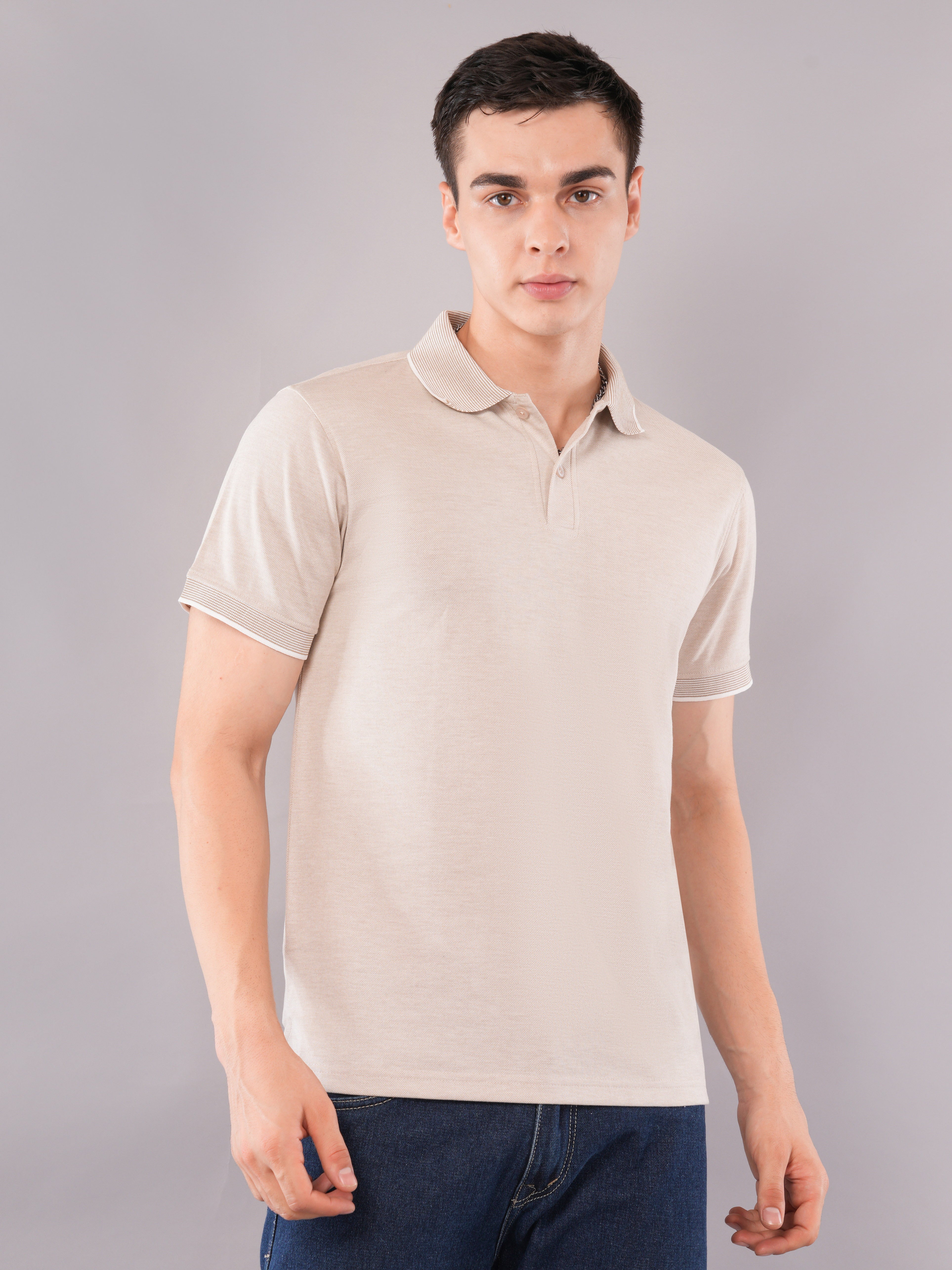 Stone Beige Contrast-Tip Polo T-Shirt