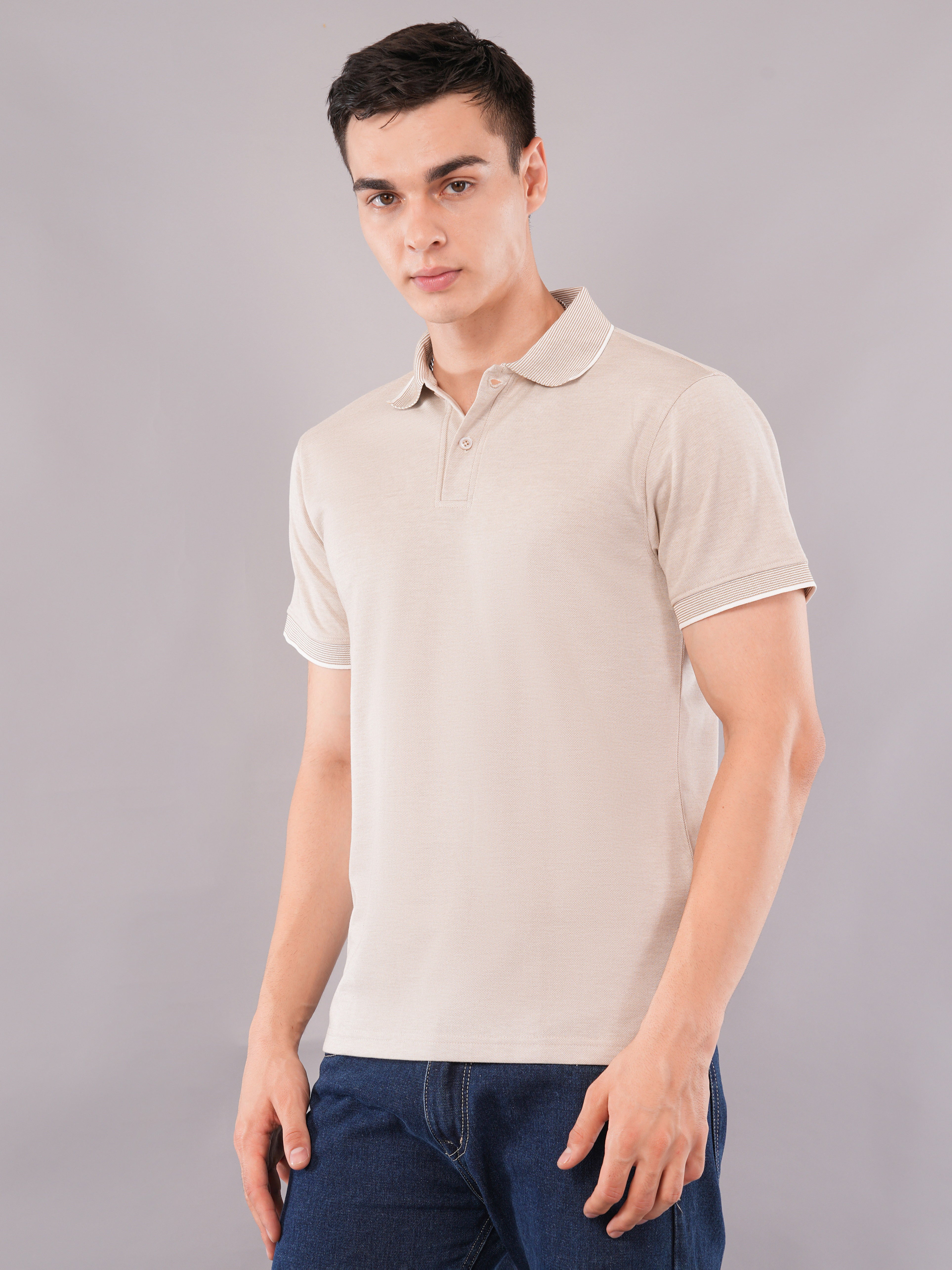 Stone Beige Contrast-Tip Polo T-Shirt