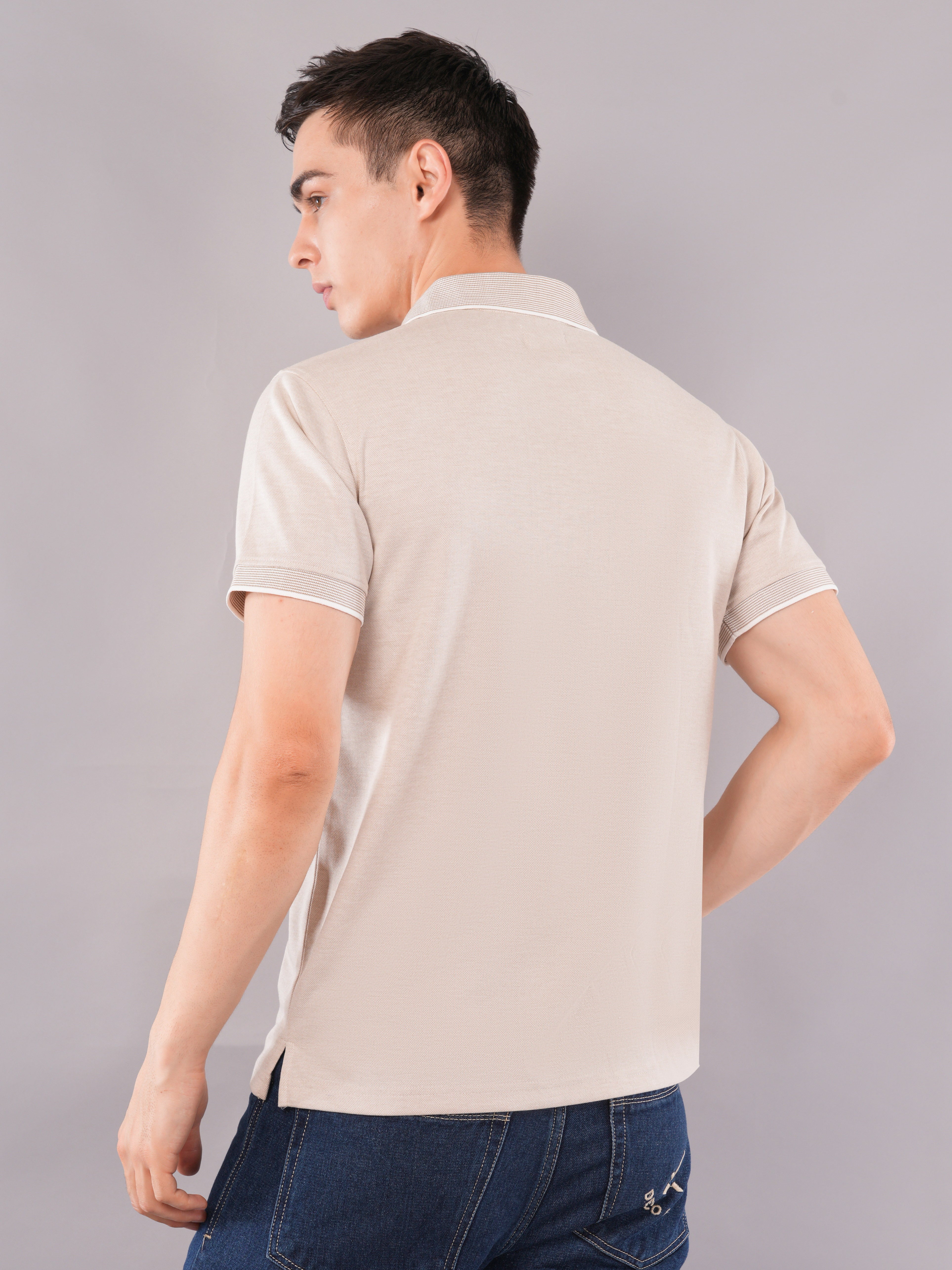 Stone Beige Contrast-Tip Polo T-Shirt
