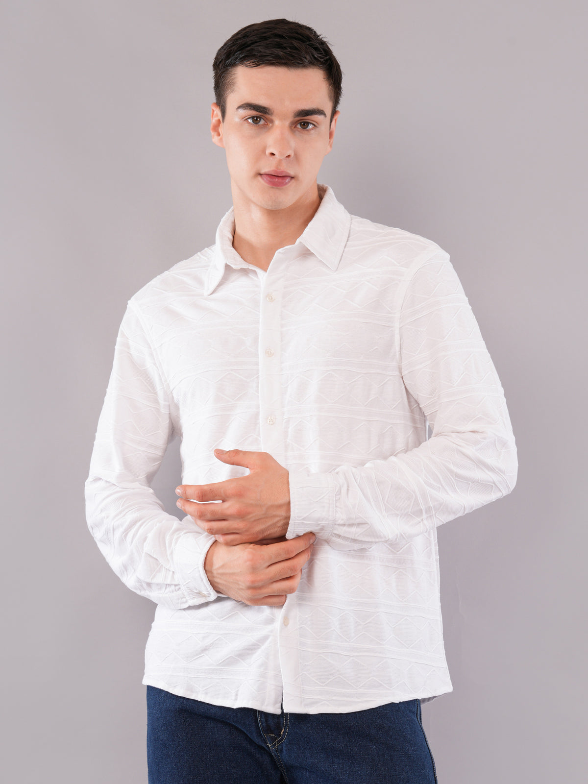 White Geometric Jacquard Shirt