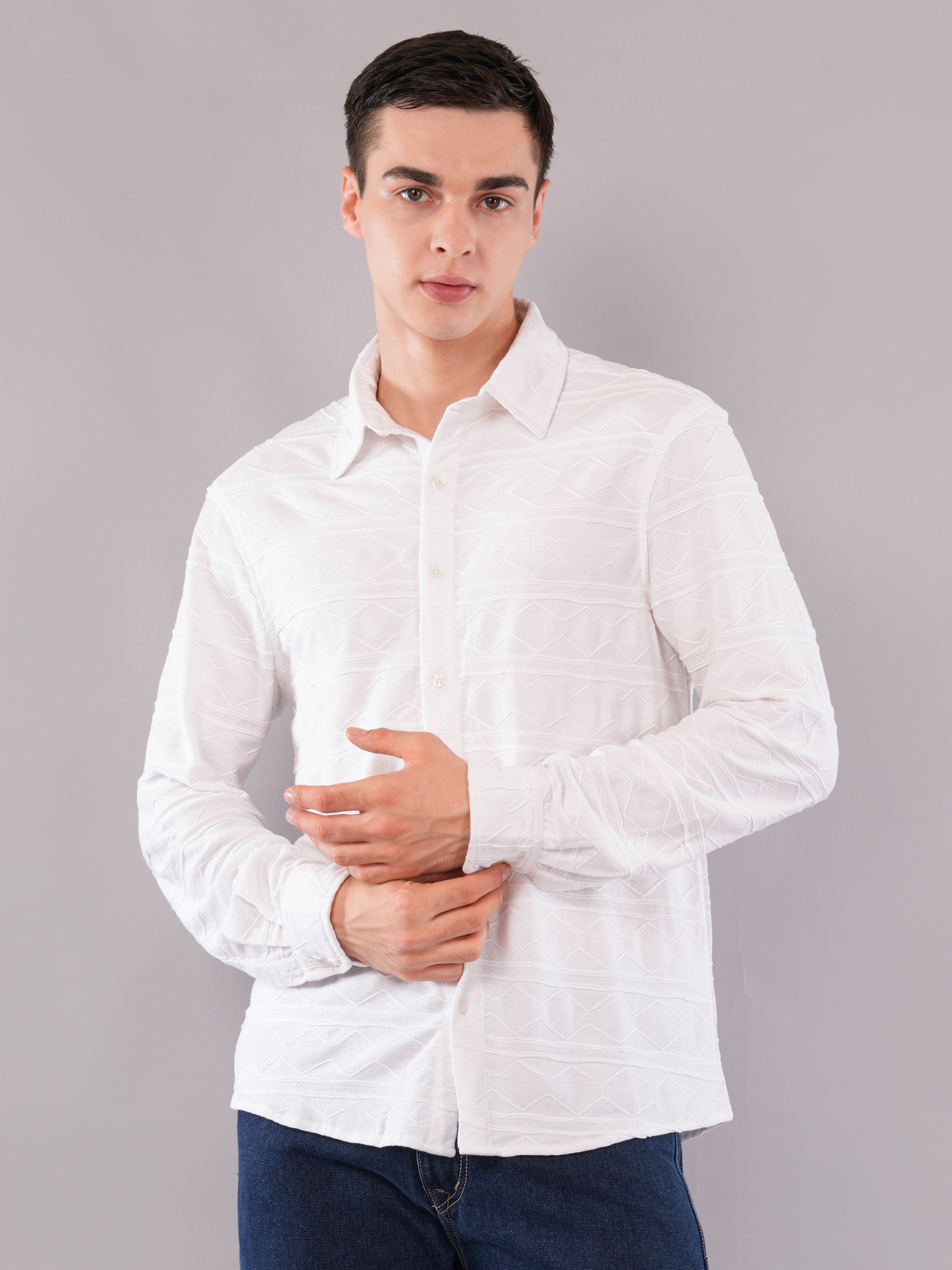 White Geometric Jacquard Shirt