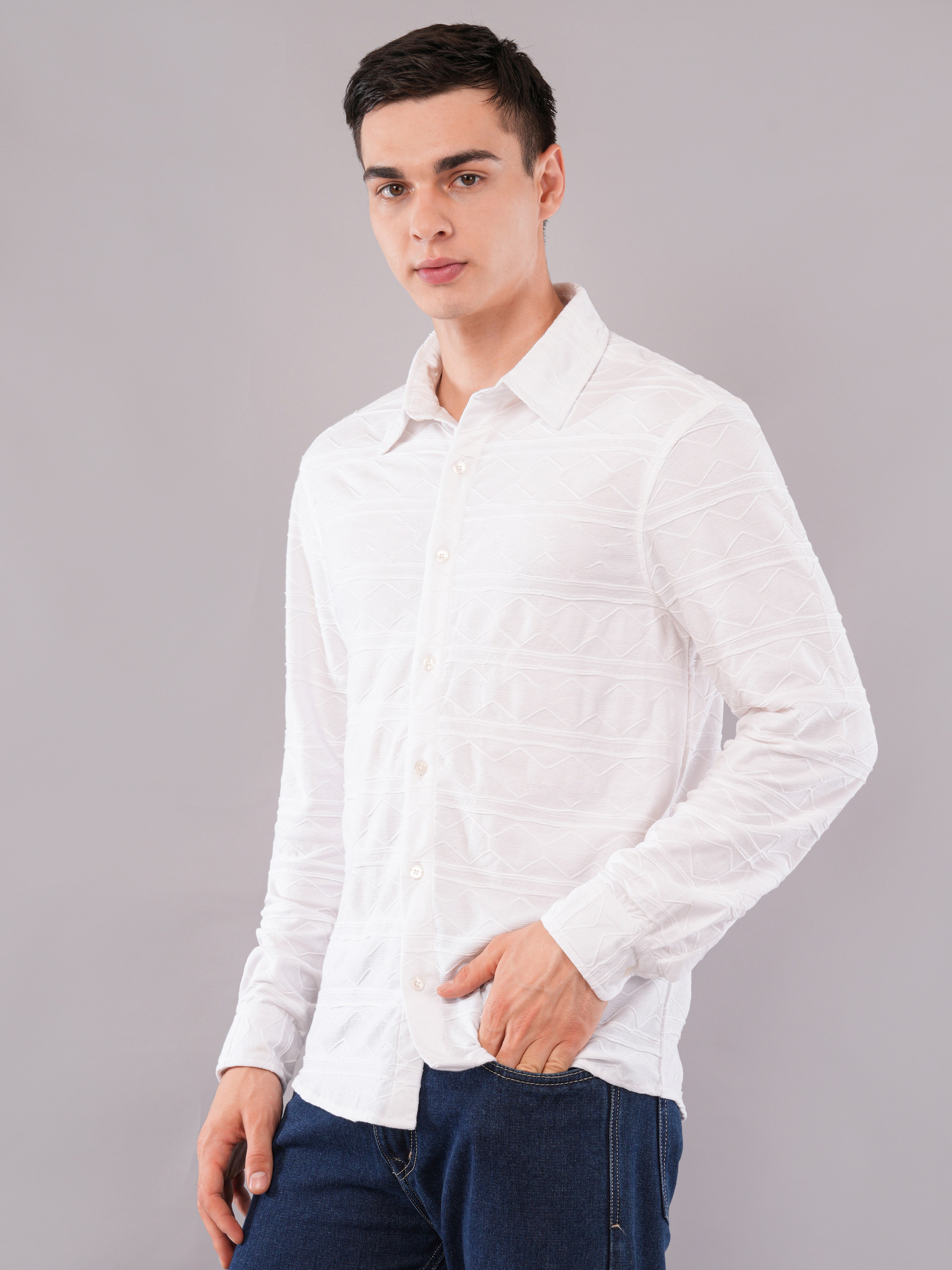 White Geometric Jacquard Shirt