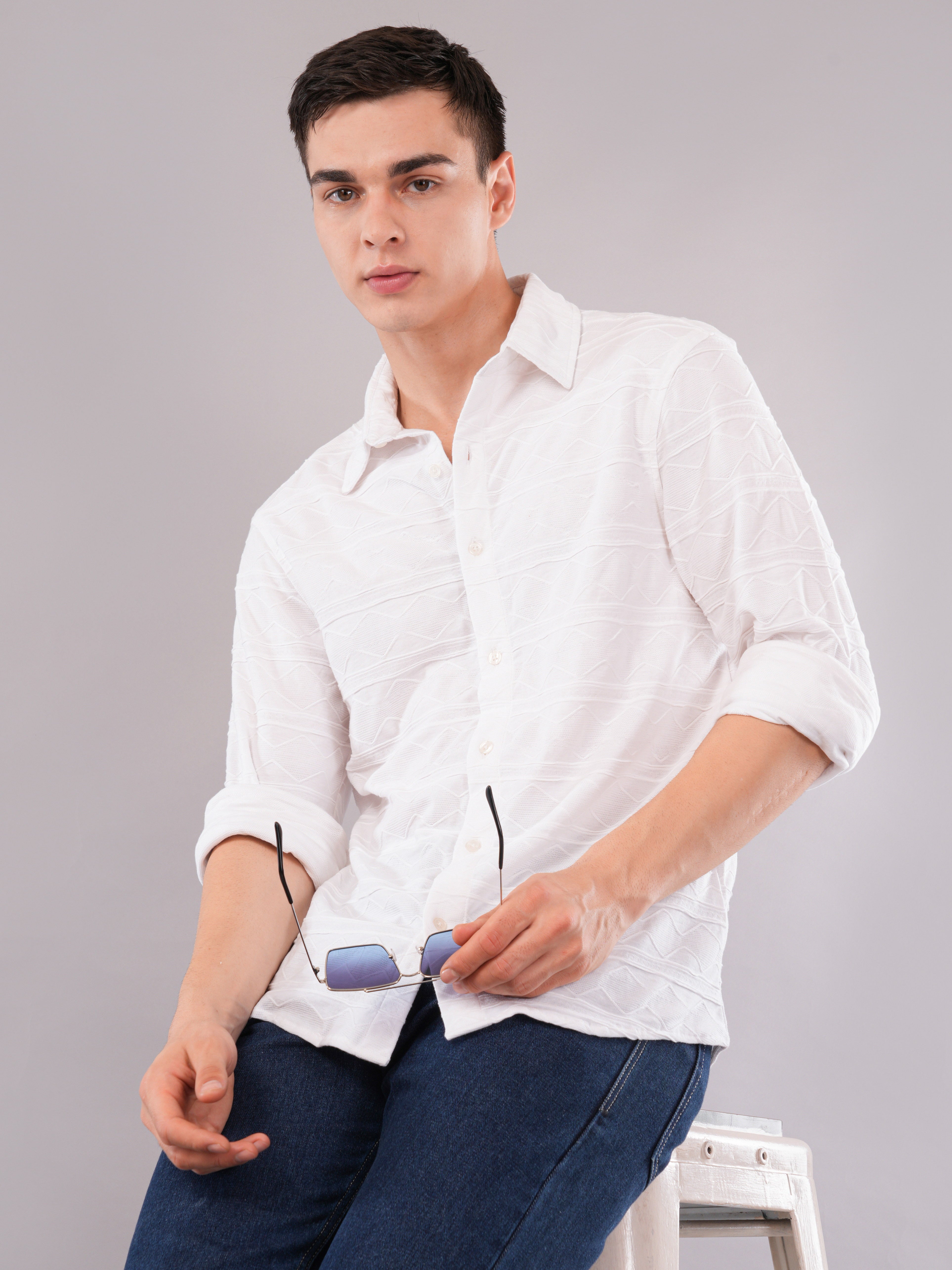 White Geometric Jacquard Shirt