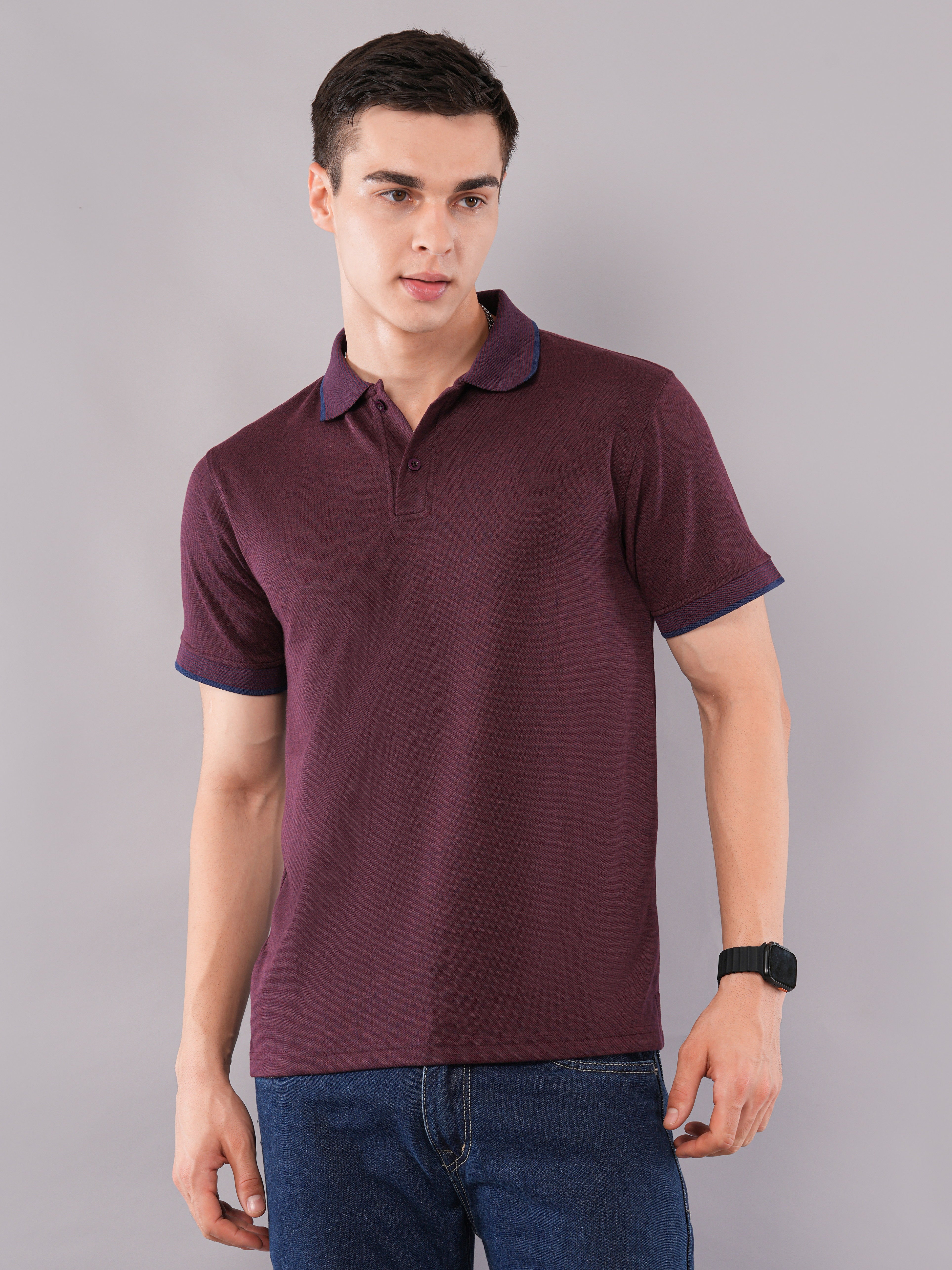 Wine Contrast-Tip Polo T-Shirt
