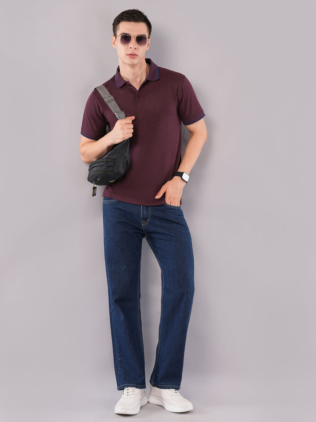 Wine Contrast-Tip Polo T-Shirt