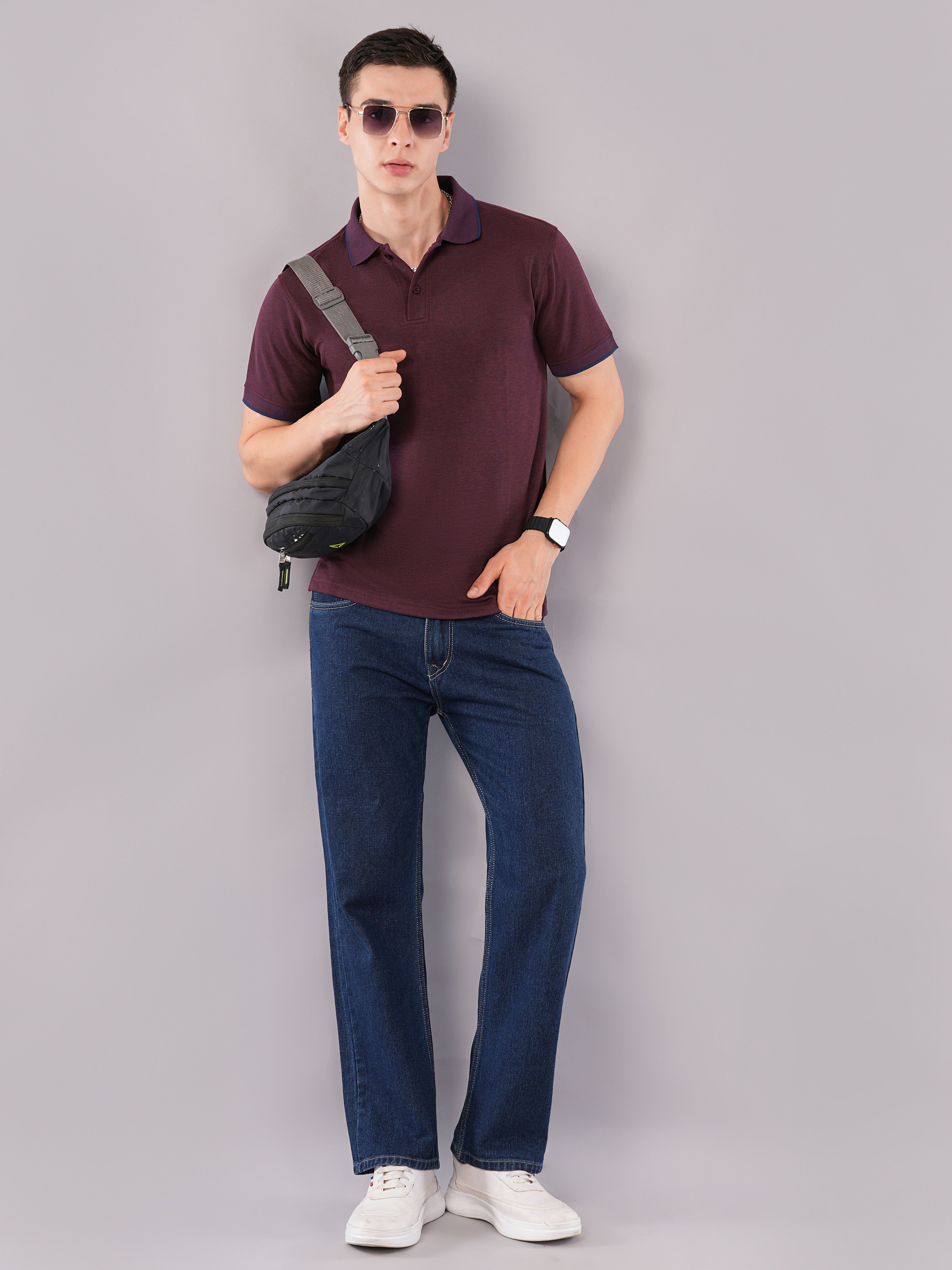 Wine Contrast-Tip Polo T-Shirt
